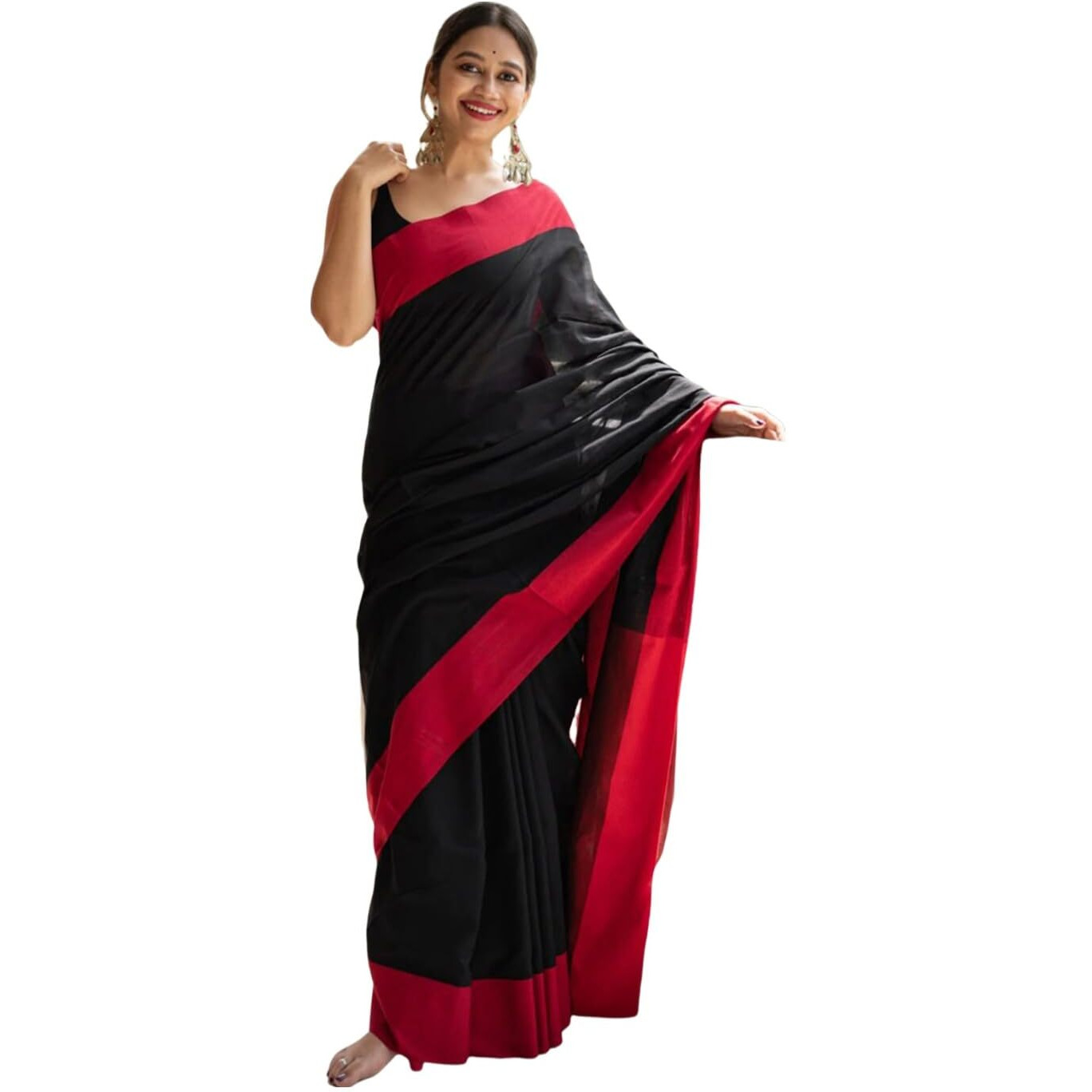 Satrani Women's Cotton Silk Woven Border Saree With Unstitched Blouse Piece (3684S137N_Black & Red)