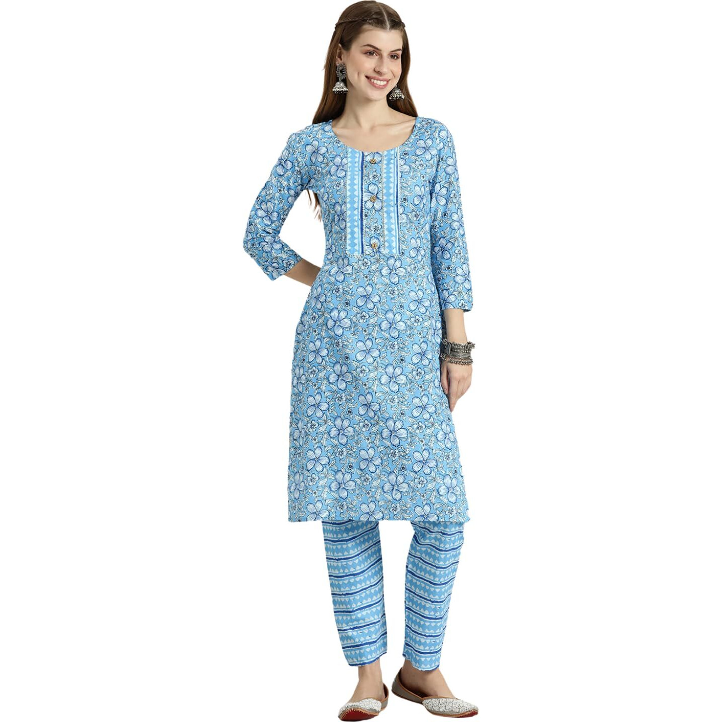 Shiv Textiles Pure Cotton Kurta Set For Women(9002-Sky-L)