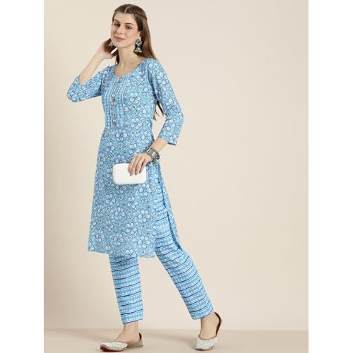 Shiv Textiles Pure Cotton Kurta Set For Women(9002-Sky-L)