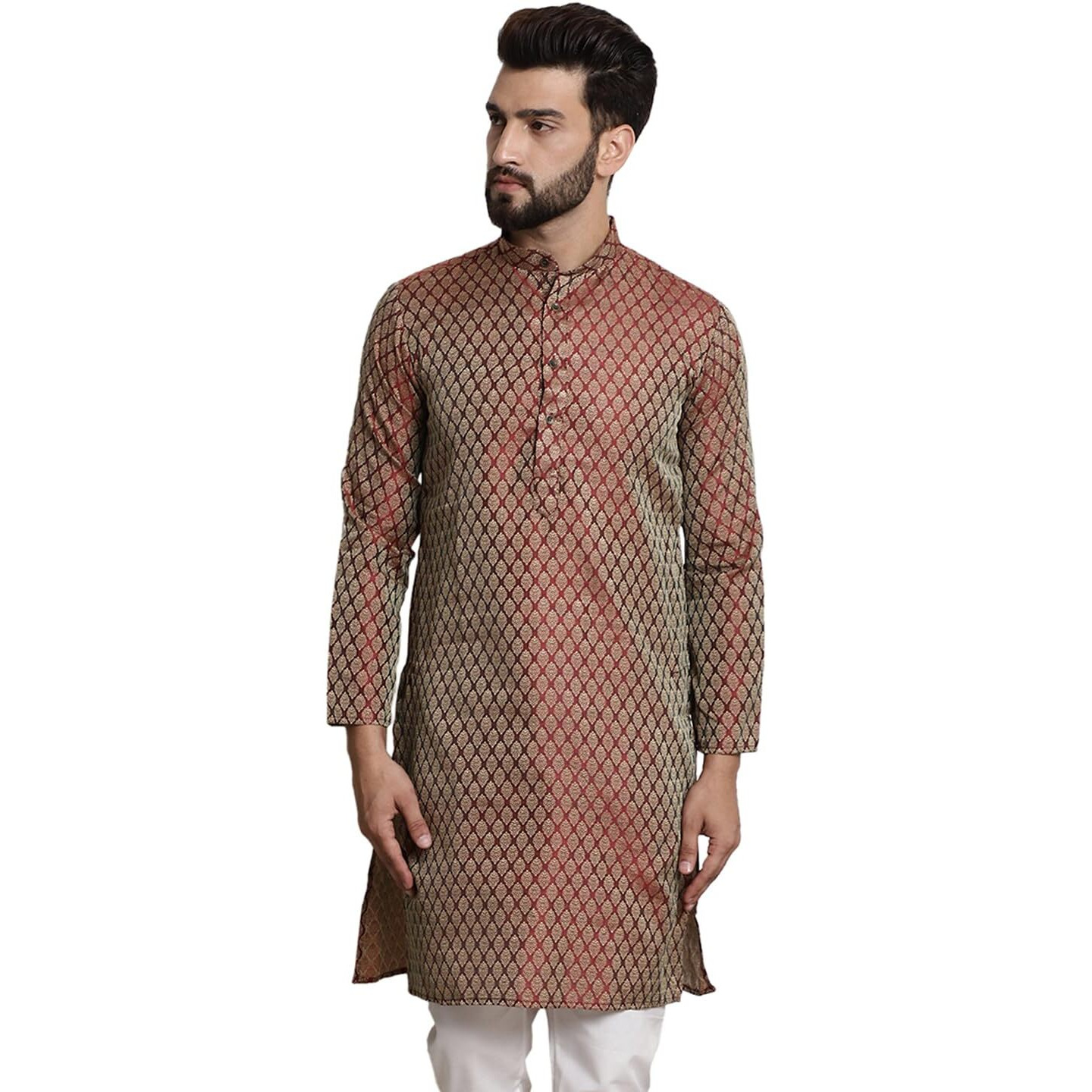 Sojanya (Since 1958 Men's Silk Blend Maroon Color Self Design Only Long Kurta