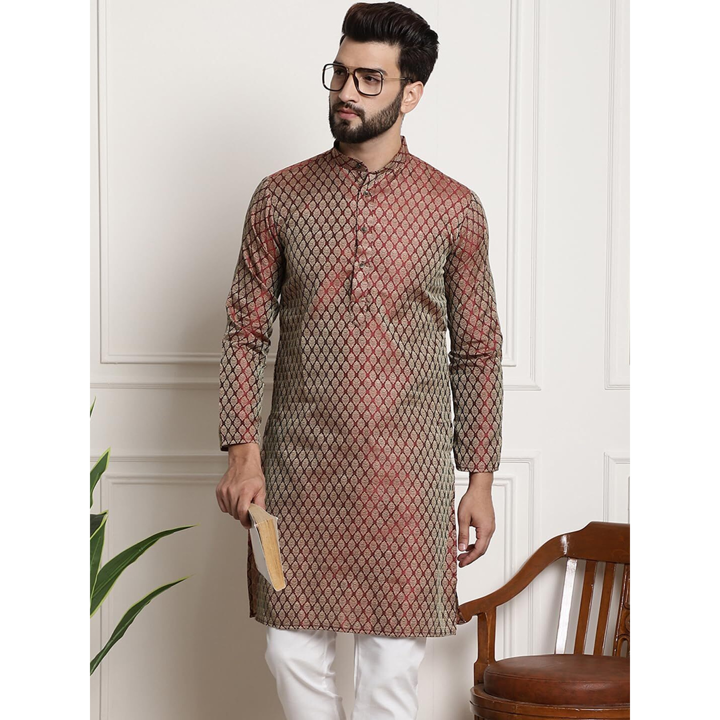 Sojanya (Since 1958 Men's Silk Blend Maroon Color Self Design Only Long Kurta