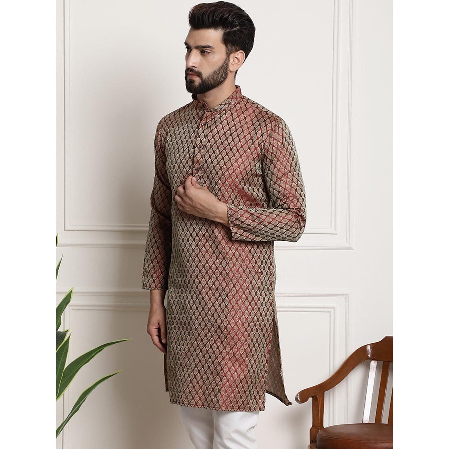 Sojanya (Since 1958 Men's Silk Blend Maroon Color Self Design Only Long Kurta