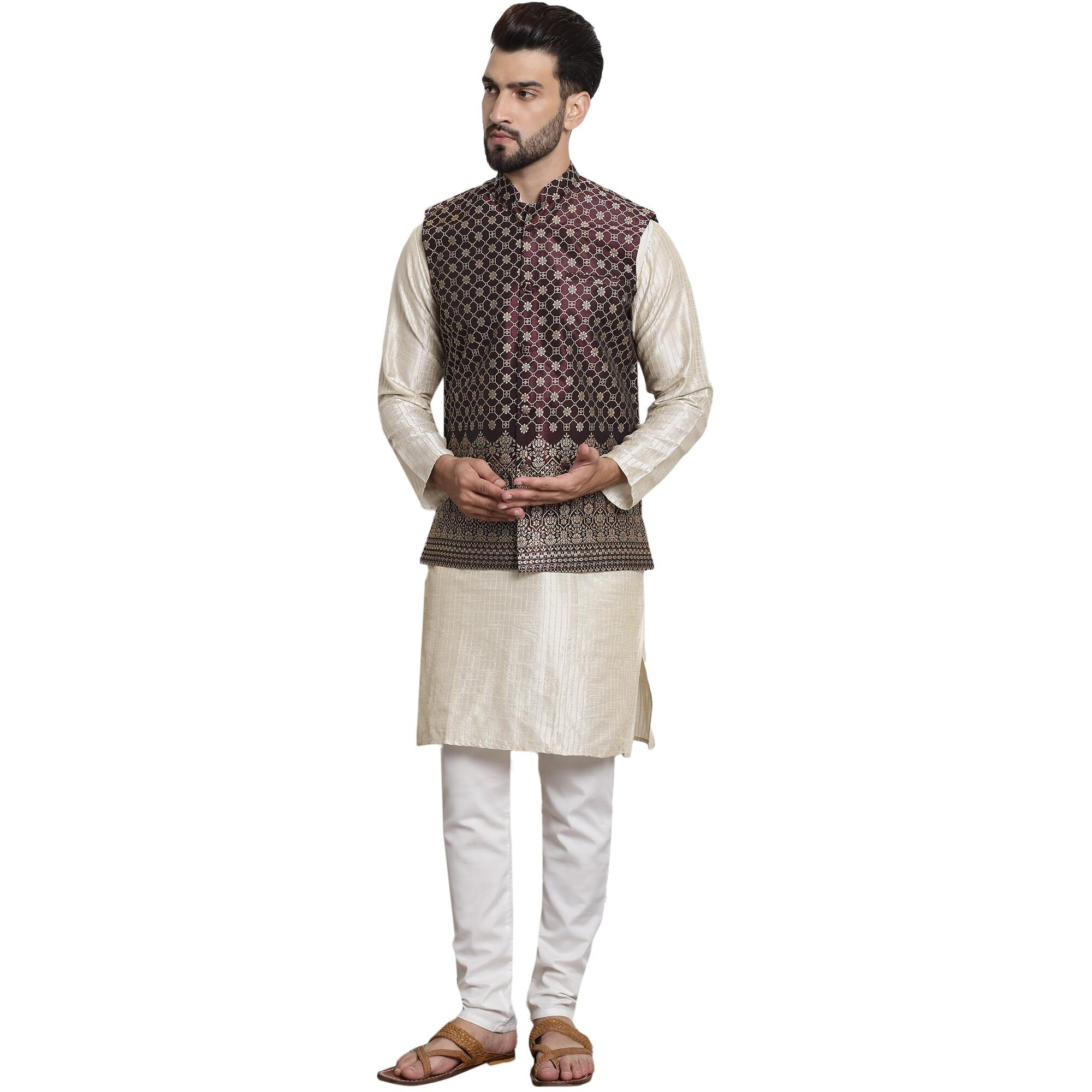 Sojanya (Since 1958 Men's Silk Blend Cream Kurta And Of-White Solid Pyjama With Wine Nehru Jacket
