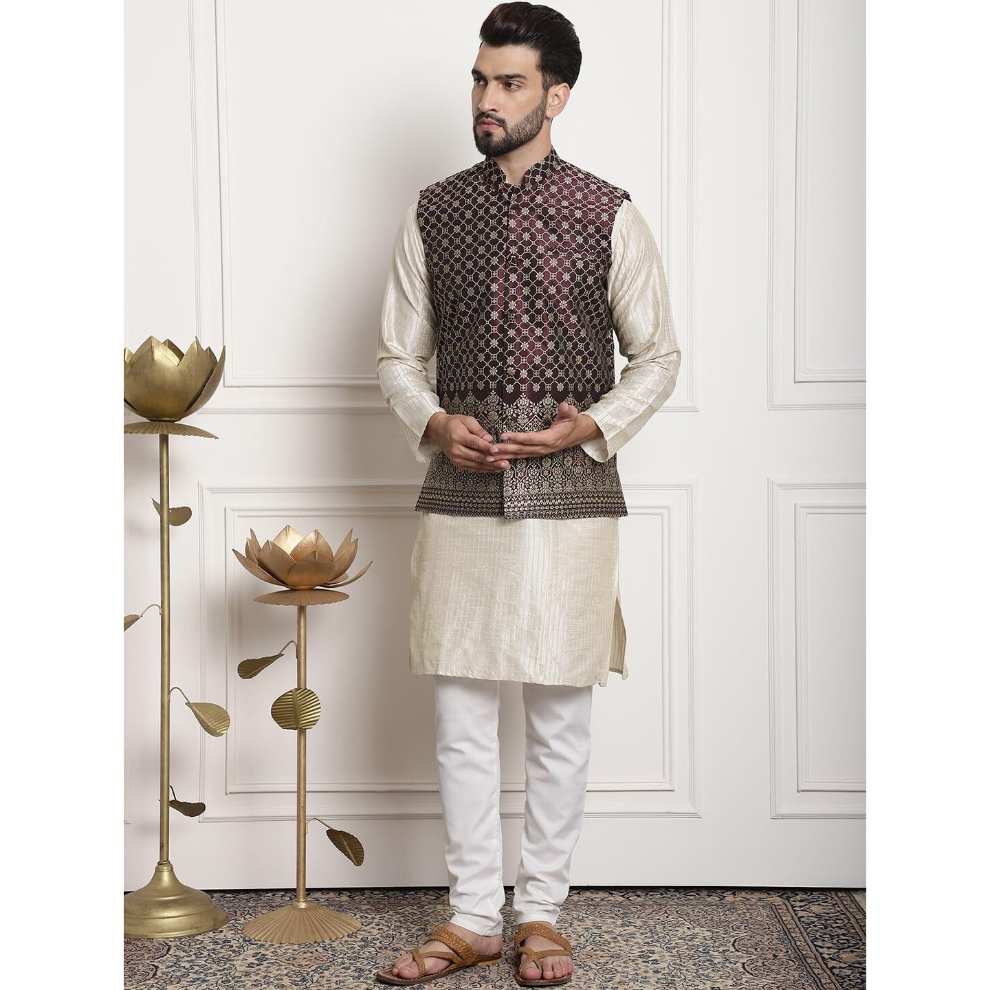 Sojanya (Since 1958 Men's Silk Blend Cream Kurta And Of-White Solid Pyjama With Wine Nehru Jacket