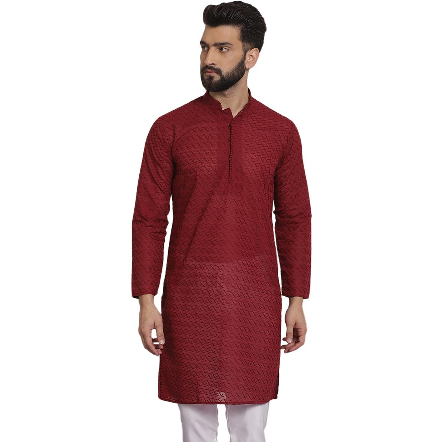 Sojanya (Since 1958 Ethnic Motifs Embroidered Thread Work Pure Cotton Maroon Straight Only Kurta