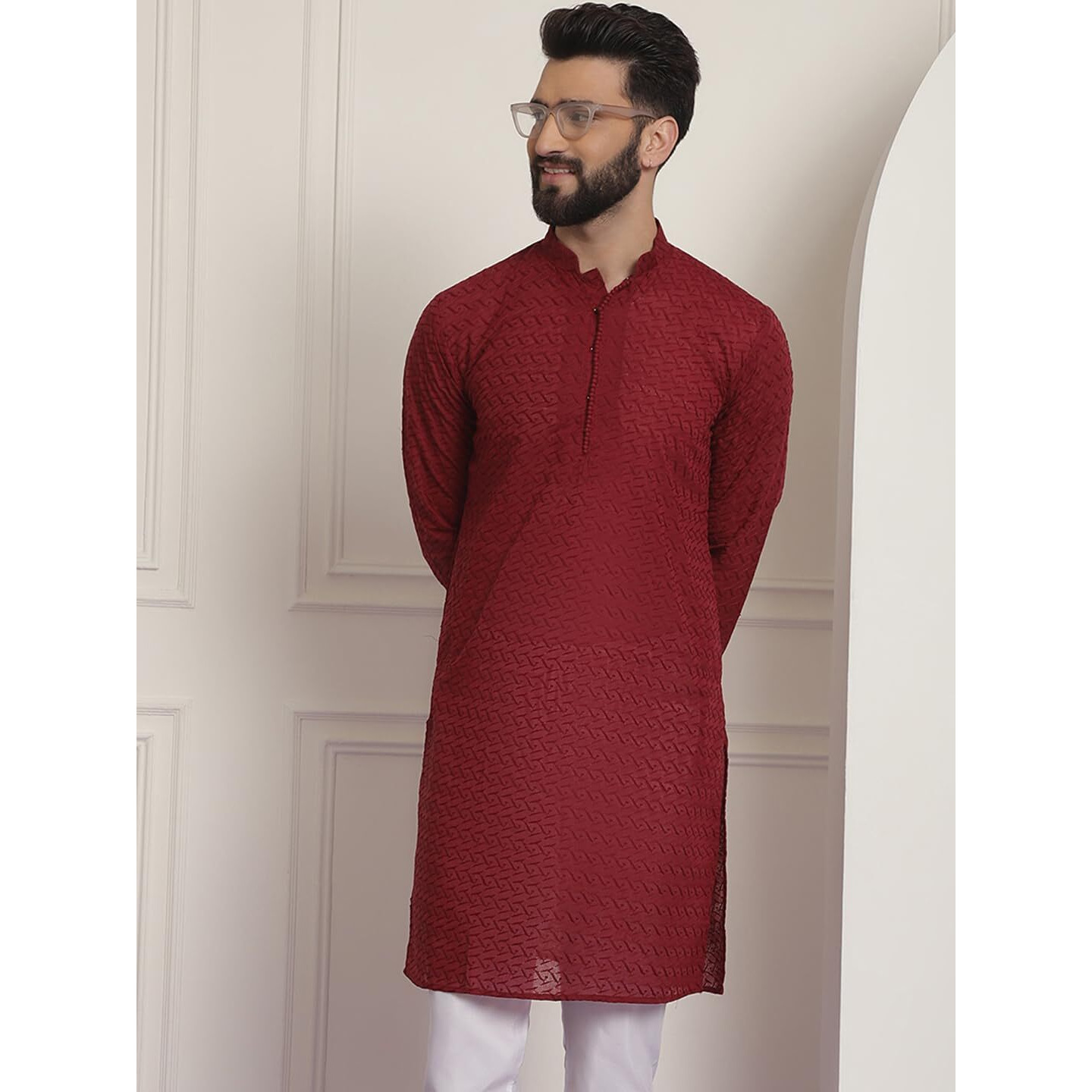Sojanya (Since 1958 Ethnic Motifs Embroidered Thread Work Pure Cotton Maroon Straight Only Kurta