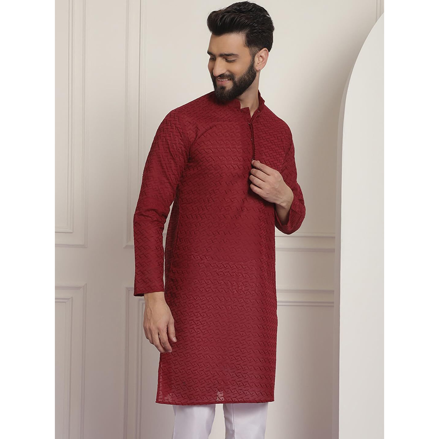 Sojanya (Since 1958 Ethnic Motifs Embroidered Thread Work Pure Cotton Maroon Straight Only Kurta