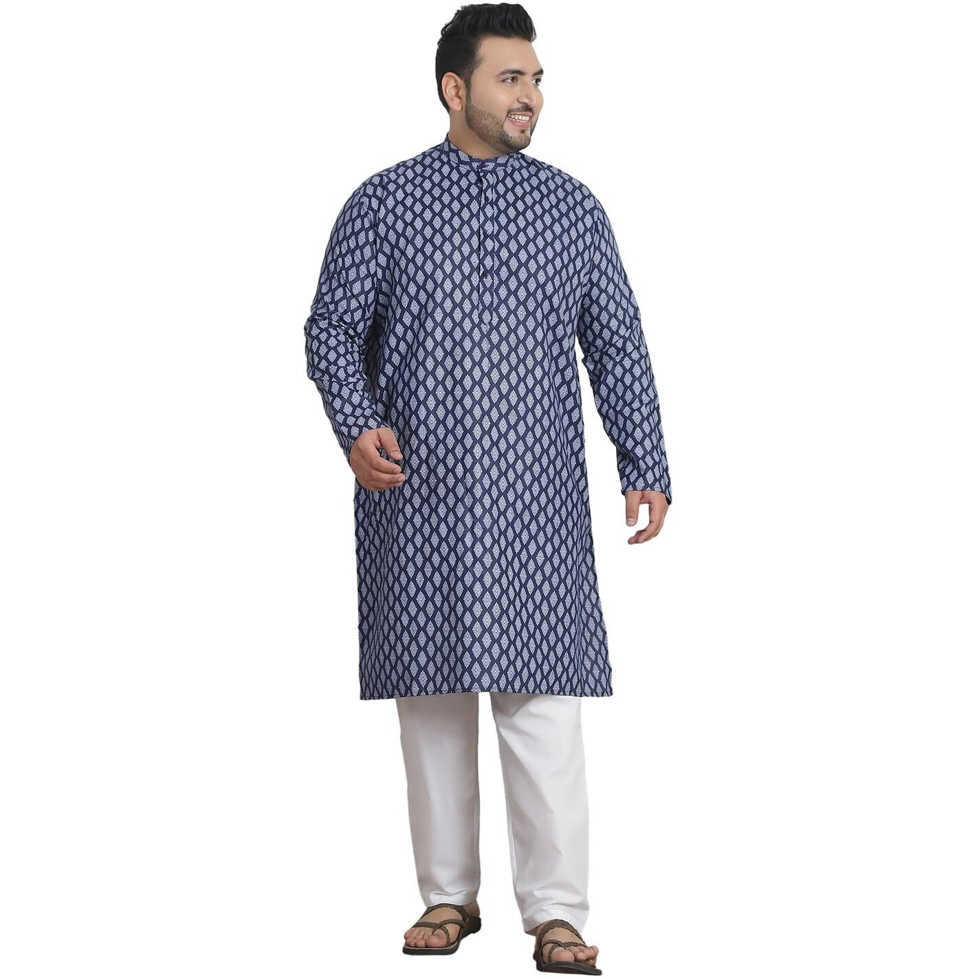 Sojanya Plus (Since 1958) Men's Cotton Blend Printed Navy Blue Kurta With White Churidar Pyjama