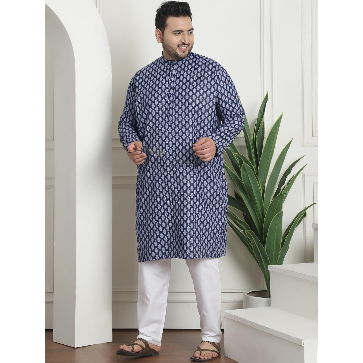 Sojanya Plus (Since 1958) Men's Cotton Blend Printed Navy Blue Kurta With White Churidar Pyjama