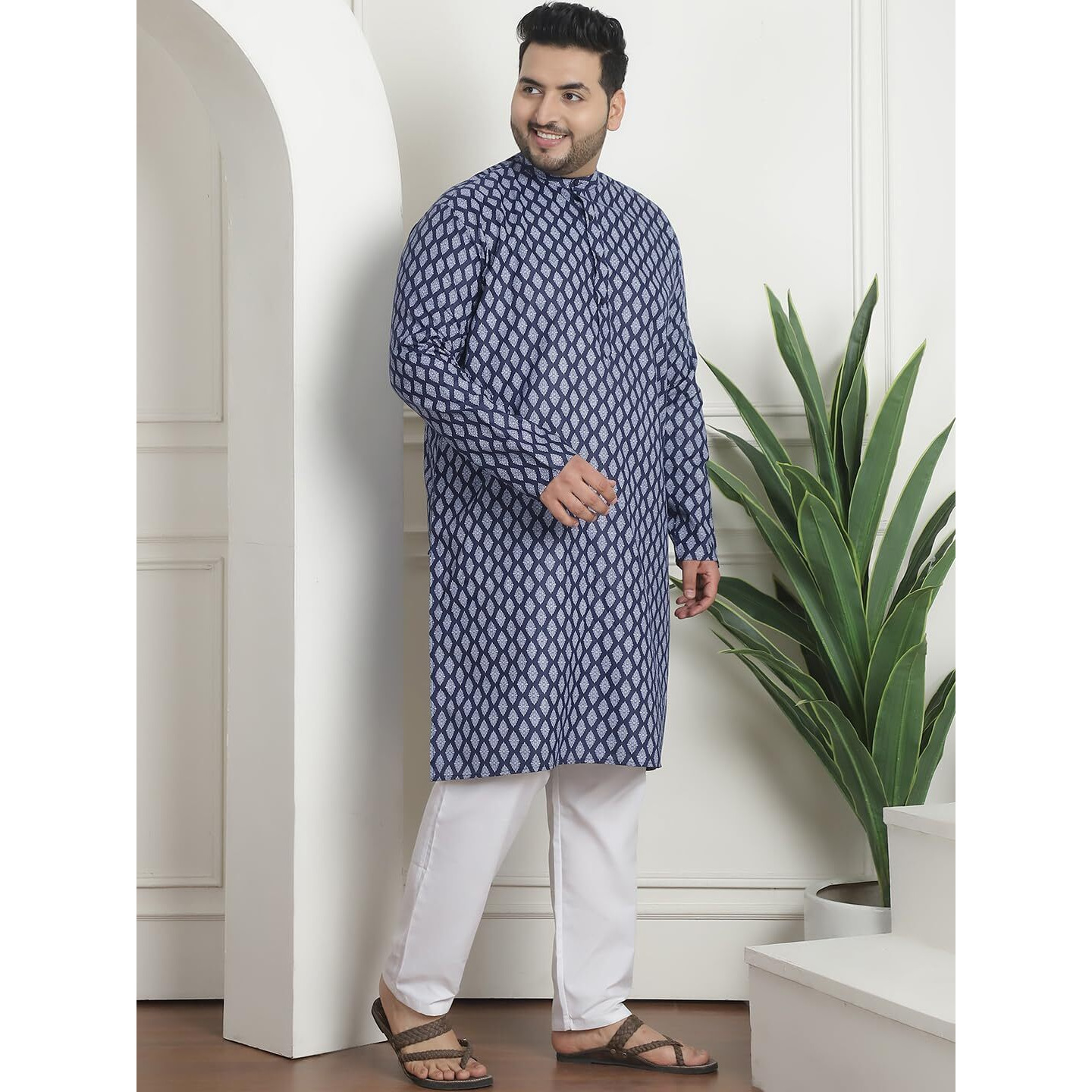 Sojanya Plus (Since 1958) Men's Cotton Blend Printed Navy Blue Kurta With White Churidar Pyjama