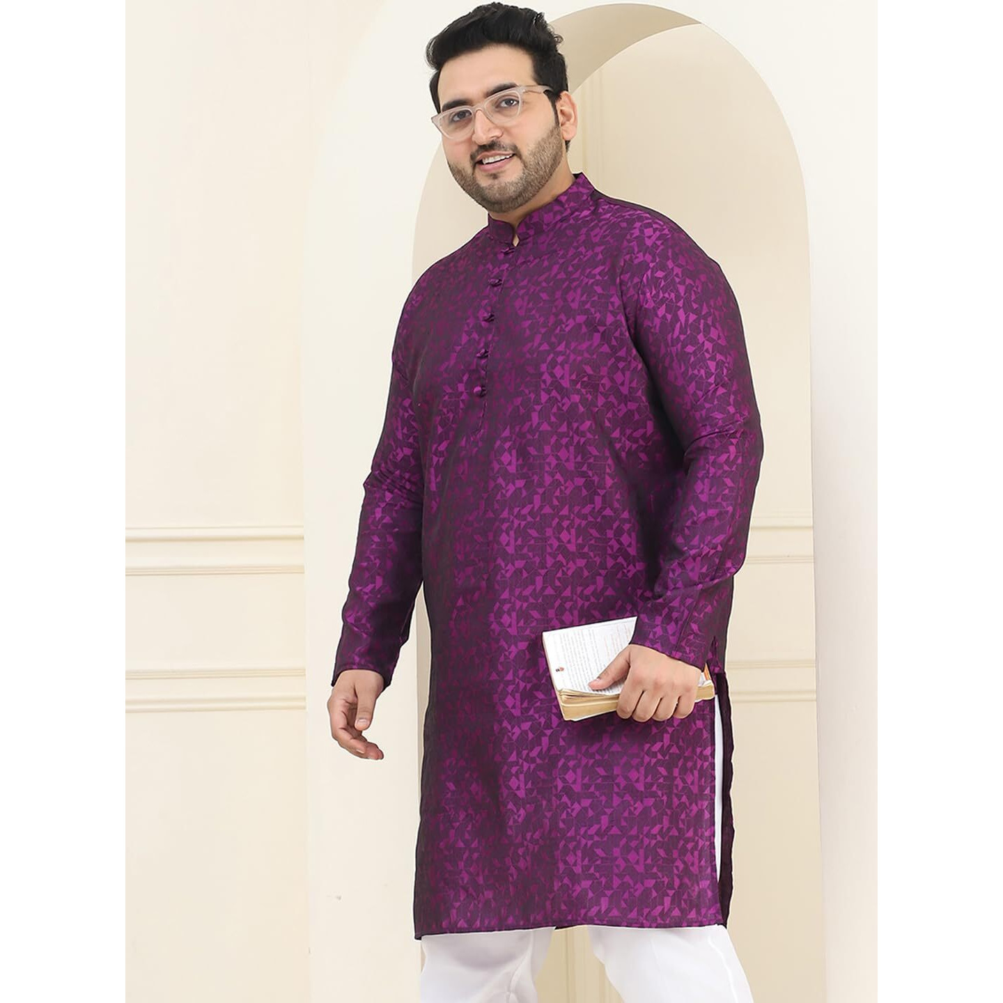 Sojanya Plus (Since 1958) Men's Silk Blend Violet Self Design Only Long Kurta