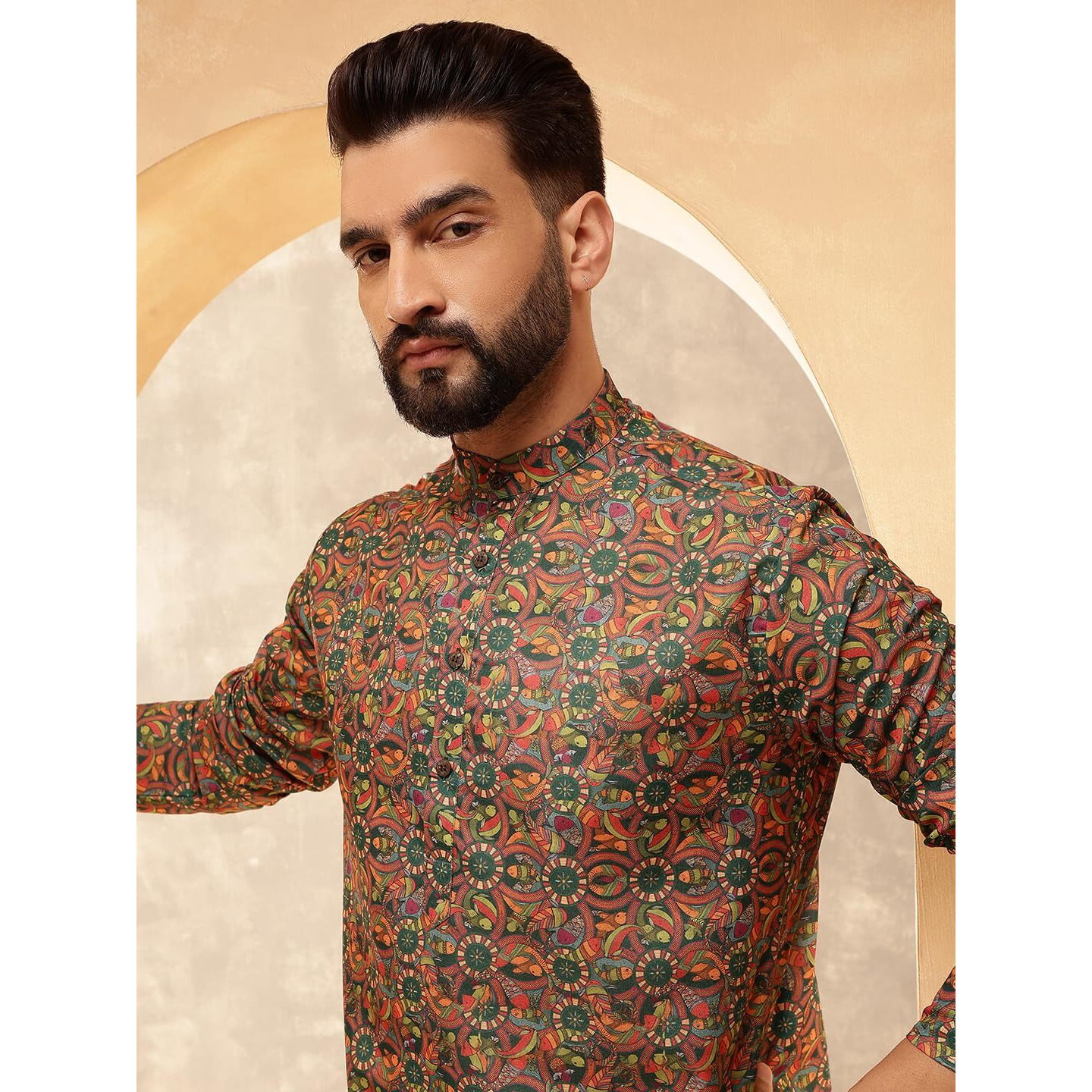 Sojanya (Since 1958 Men's Cotton Linen Kalamkari Printed Multi & Green Only Long Kurta