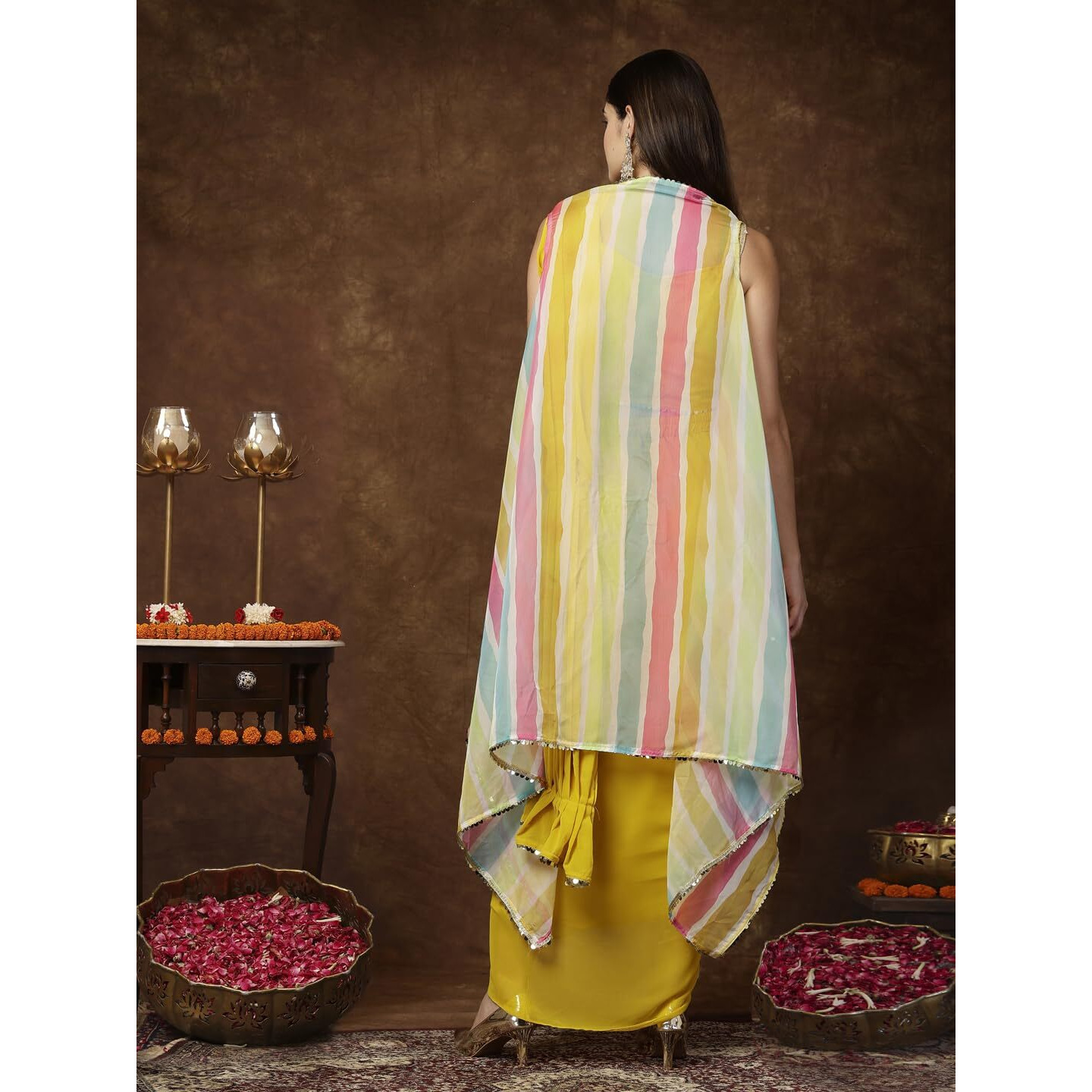 Stylum Women's Solid Georgette Draped Lehenga & Blouse With Printed Jacket (Pcjmustardtaylor36_Mustard, S)