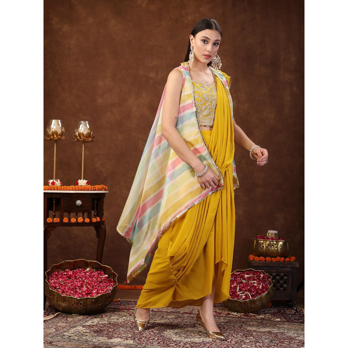 Stylum Women's Solid Georgette Draped Lehenga & Blouse With Printed Jacket (Pcjmustardtaylor36_Mustard, S)