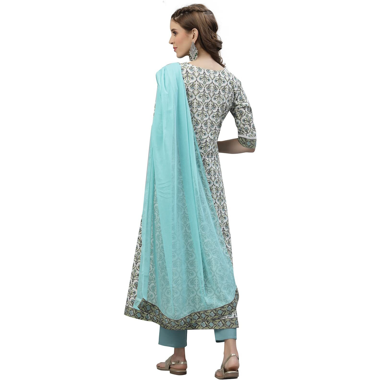 Stylum Women's Floral Printed Cotton Anarkali Kurta Pant Dupatta Set (Skypeggy38_Sky Blue, M)