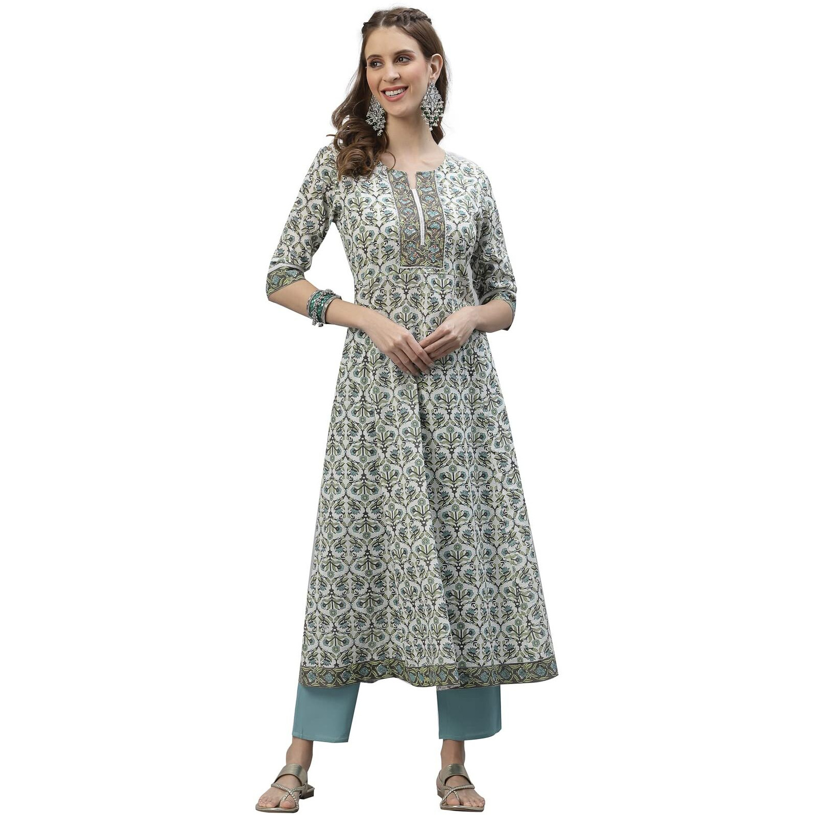 Stylum Women's Floral Printed Cotton Anarkali Kurta Pant Dupatta Set (Skypeggy38_Sky Blue, M)