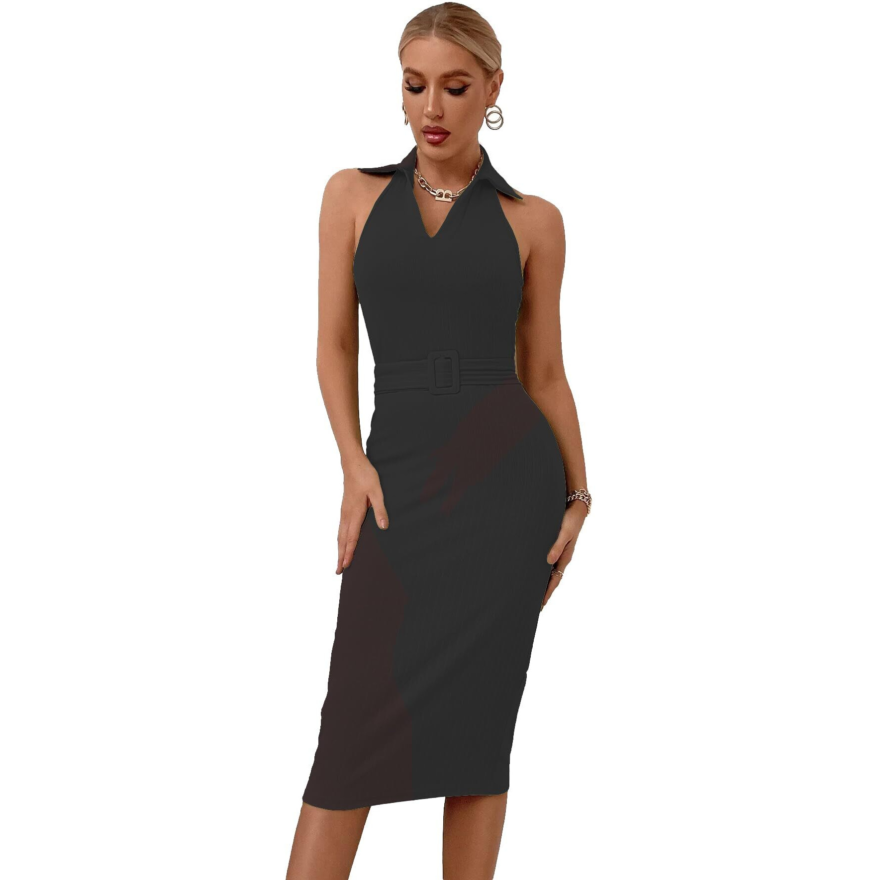 Sugathari Solid Women Black, V-Neck Ribbed Knit Sleeveless Bodycon Dress (Midi 103 Black M)