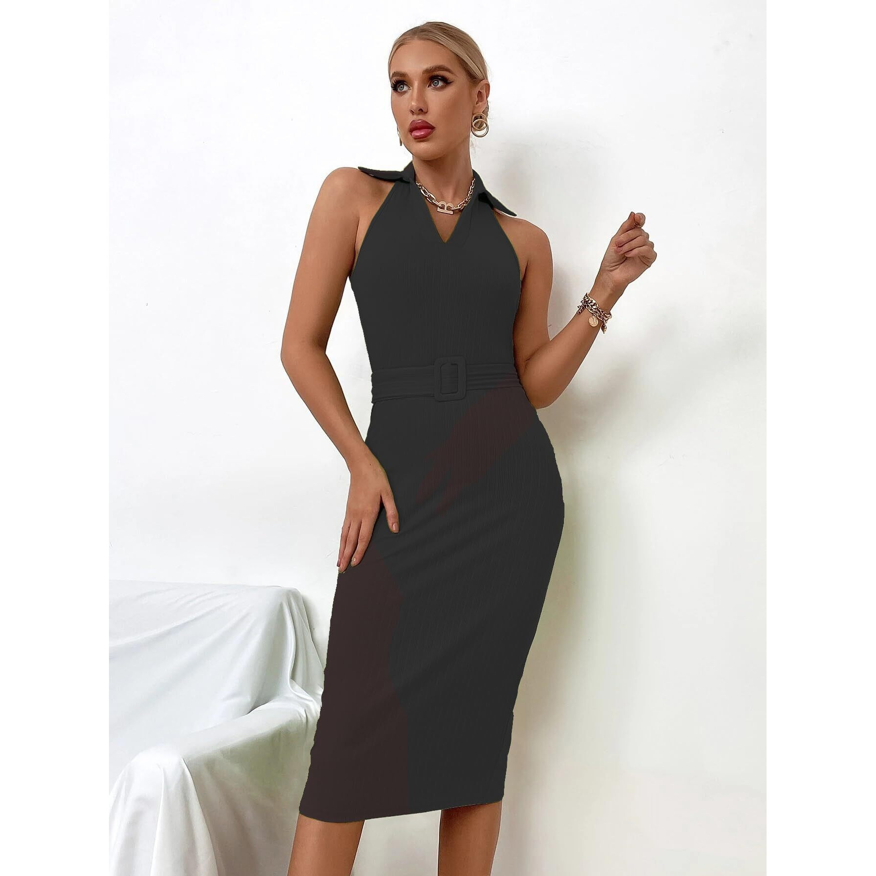 Sugathari Solid Women Black, V-Neck Ribbed Knit Sleeveless Bodycon Dress (Midi 103 Black M)