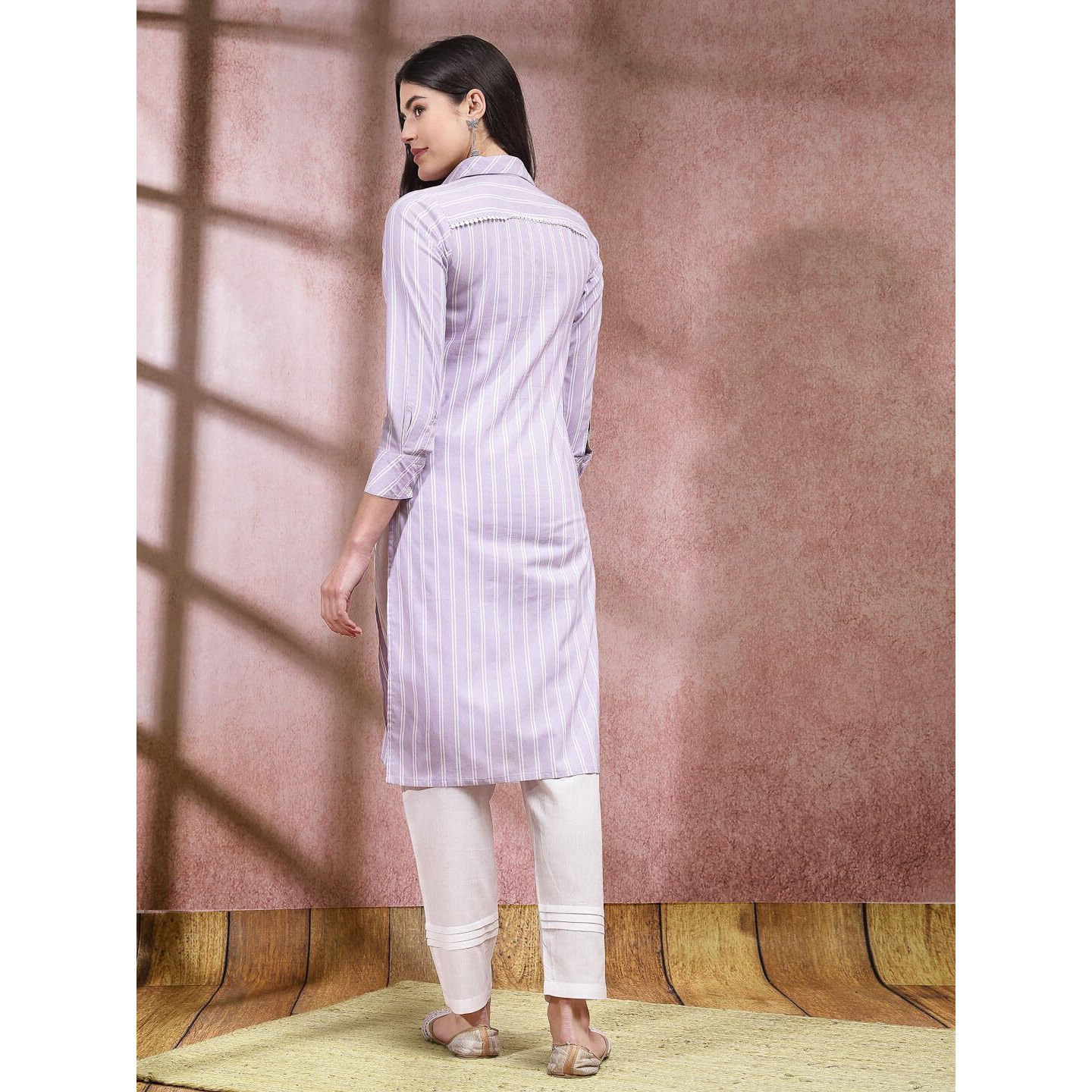 Stylum Women's Woven Striped Cotton Blend Straight Kurta (Classylavender44_Lavender, Xxl)