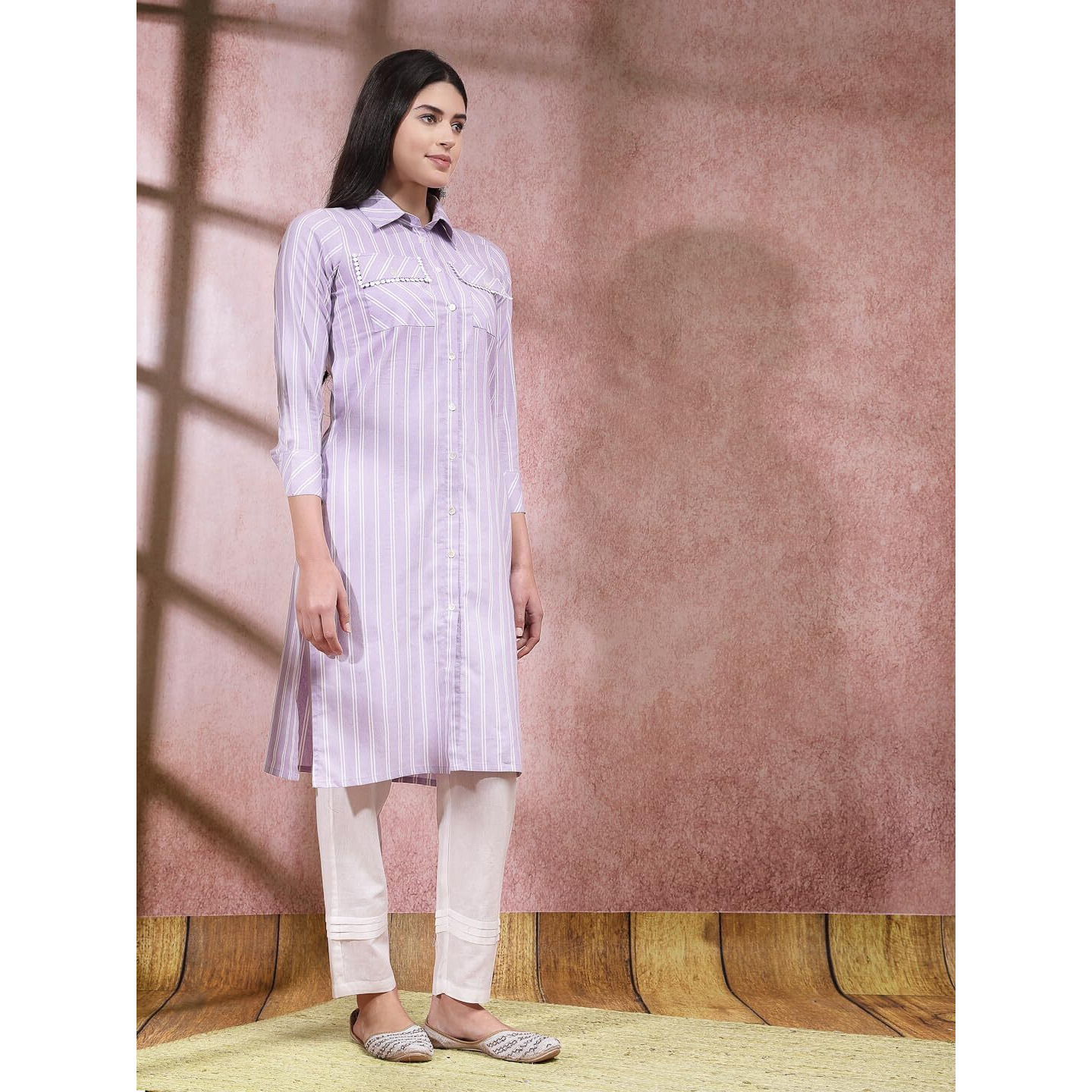 Stylum Women's Woven Striped Cotton Blend Straight Kurta (Classylavender44_Lavender, Xxl)