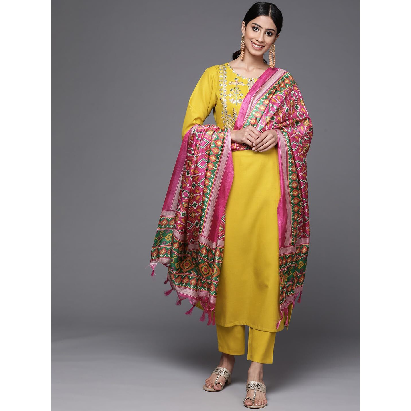 Varanga Women Yellow Yoke Design Kurta With Trousers And Dupatta Set  Embroidered Straight Kurta With Round Collar, Three-Quarter Sleeves, Side Slits, Elasticated Trouser & Printed Bandej Dupatta