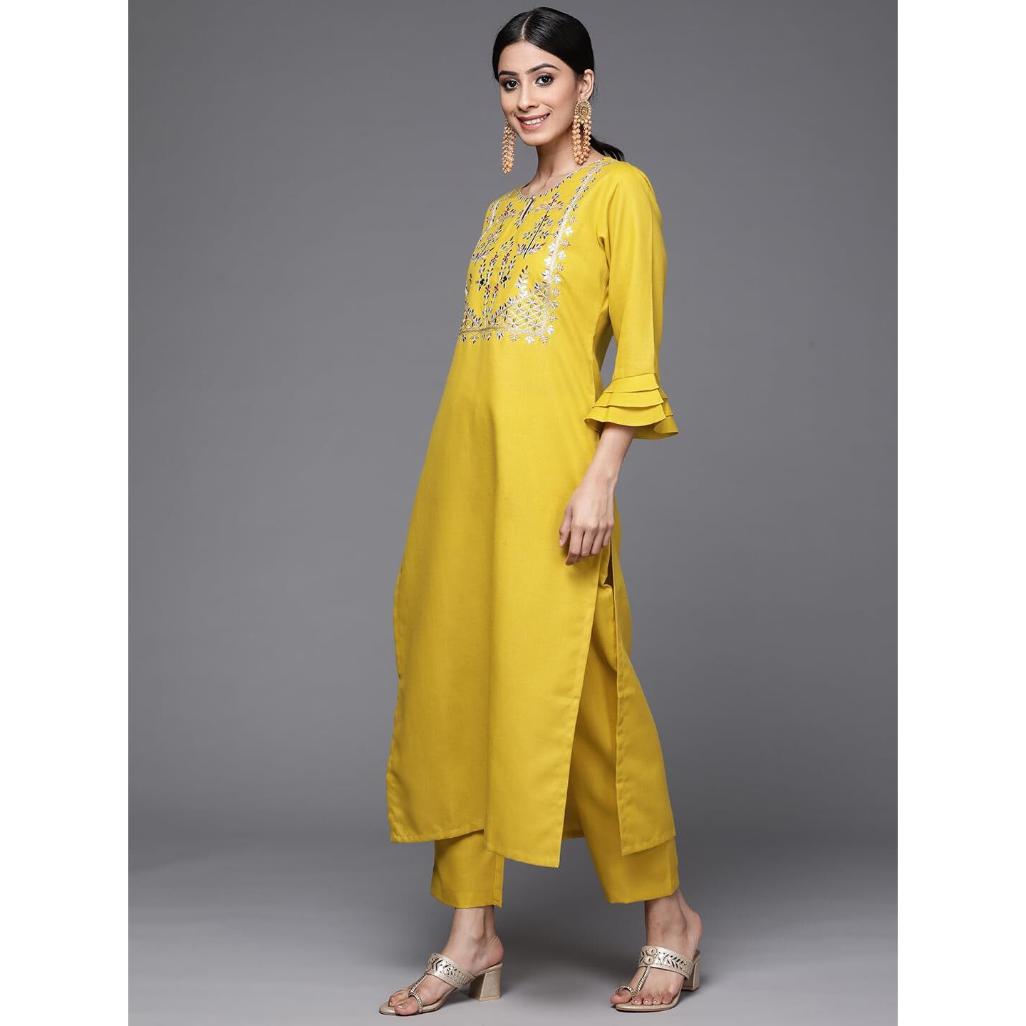 Varanga Women Yellow Yoke Design Kurta With Trousers And Dupatta Set  Embroidered Straight Kurta With Round Collar, Three-Quarter Sleeves, Side Slits, Elasticated Trouser & Printed Bandej Dupatta