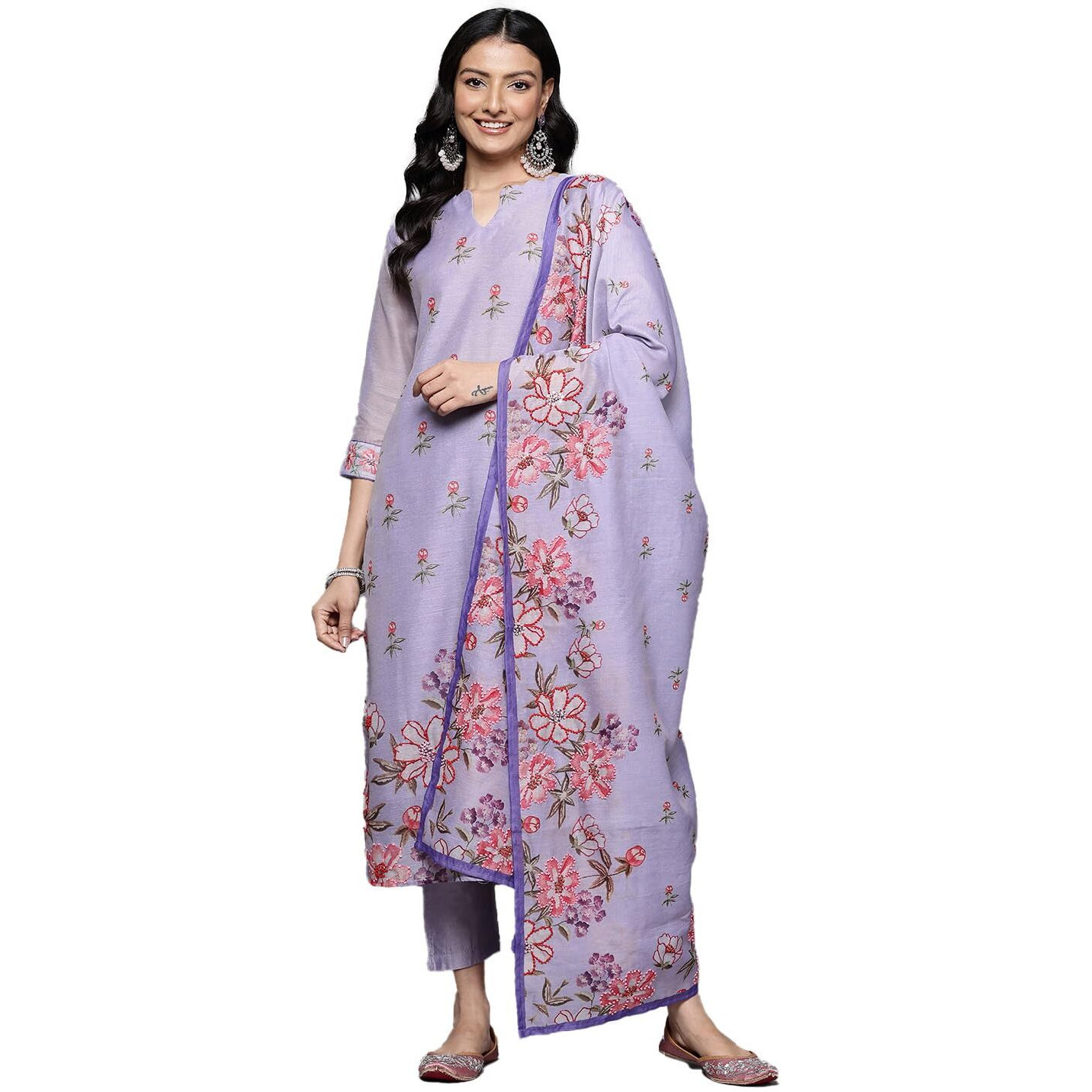 Varanga Women Lavender Floral Printed Thread Embroidered Kurta Paired With Bottom And Dupatta