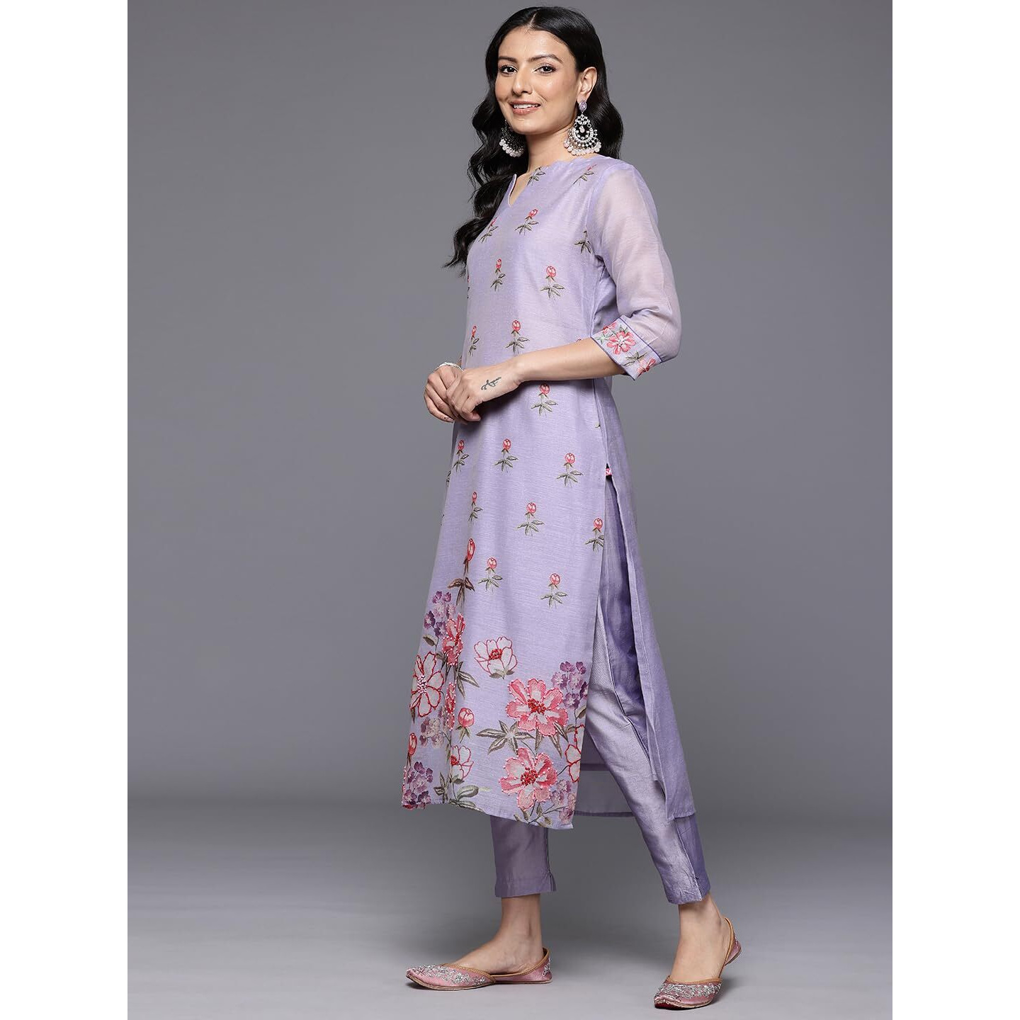 Varanga Women Lavender Floral Printed Thread Embroidered Kurta Paired With Bottom And Dupatta