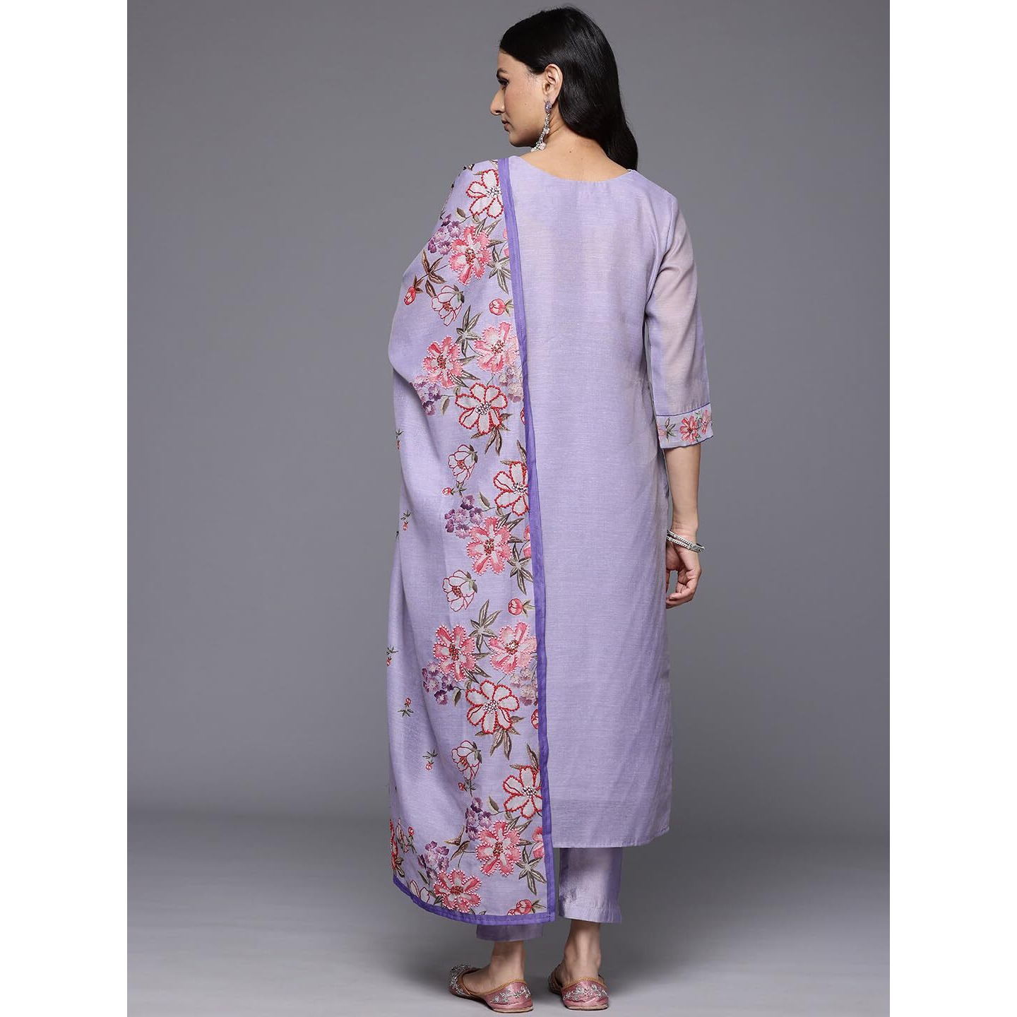 Varanga Women Lavender Floral Printed Thread Embroidered Kurta Paired With Bottom And Dupatta