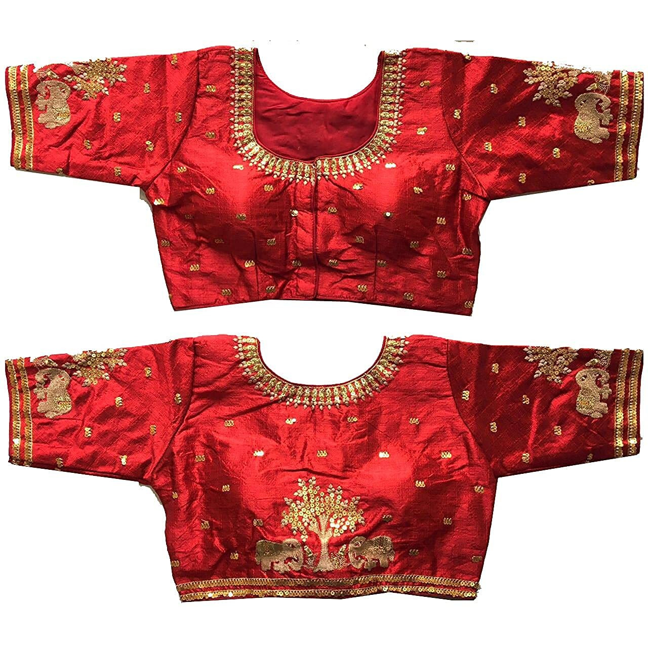 Vihu Fashion Women's Multicolor Phantom Silk Heavy Elephant Gold Thread Embroidery Sequins Zari Work Half Sleeves Readymade Saree Blouse (38 Size +Margin)