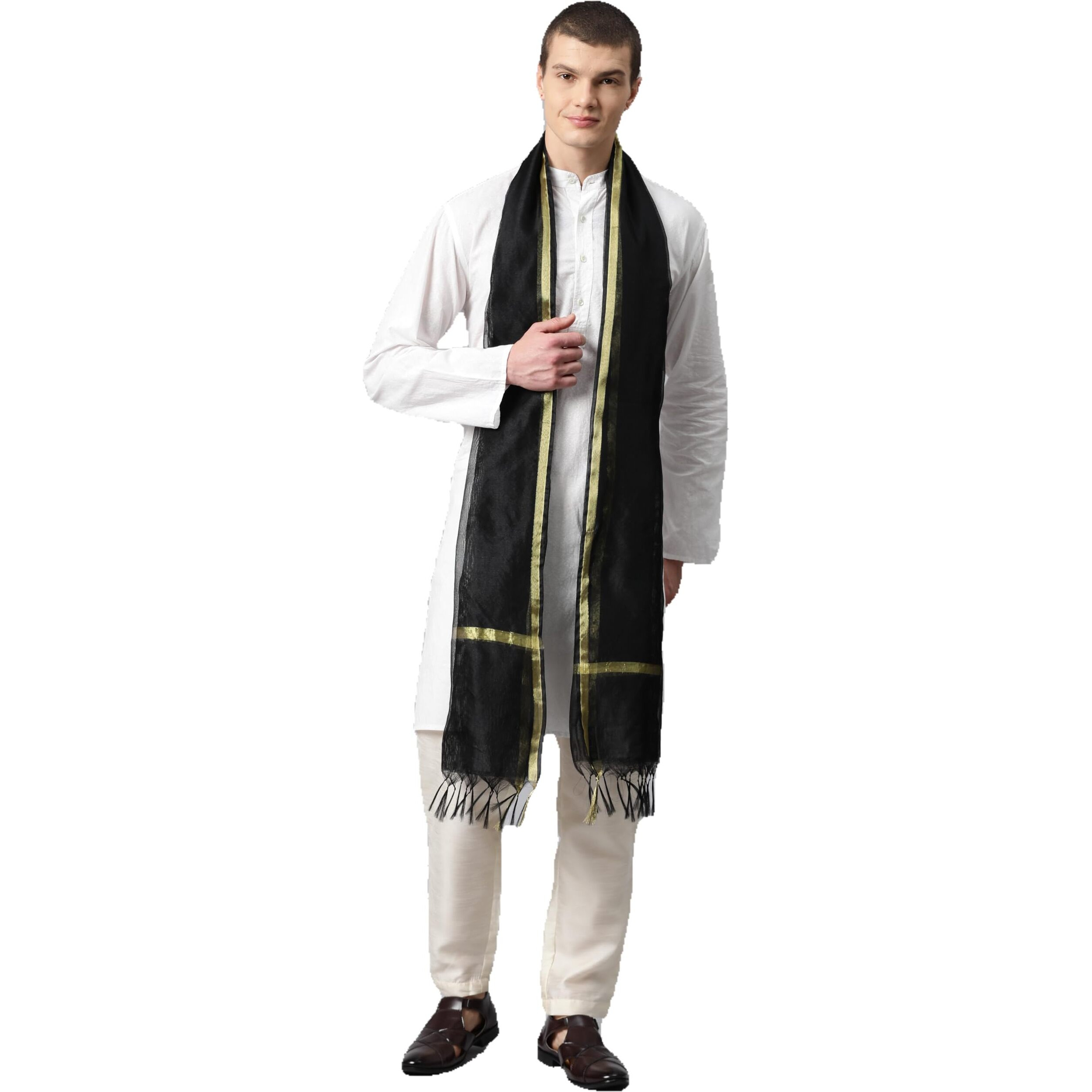 Weavers Villa Poly Silk Black Ethnic Woven Dupatta For Men (2.20 Mtrs)