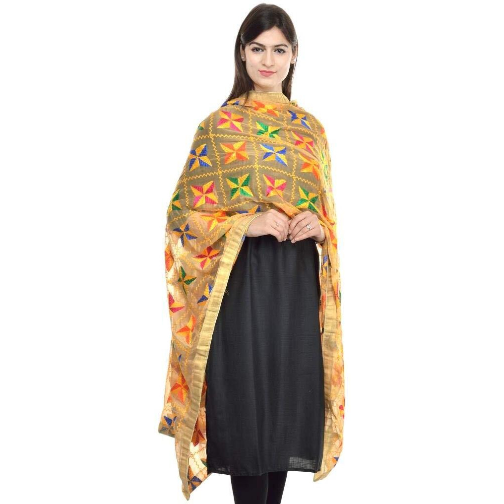 Weavers Villa Punjabi Hand Embroidery Phulkari Faux Chiffon Beige Dupatta, Stoles, 2.25 Mtrs