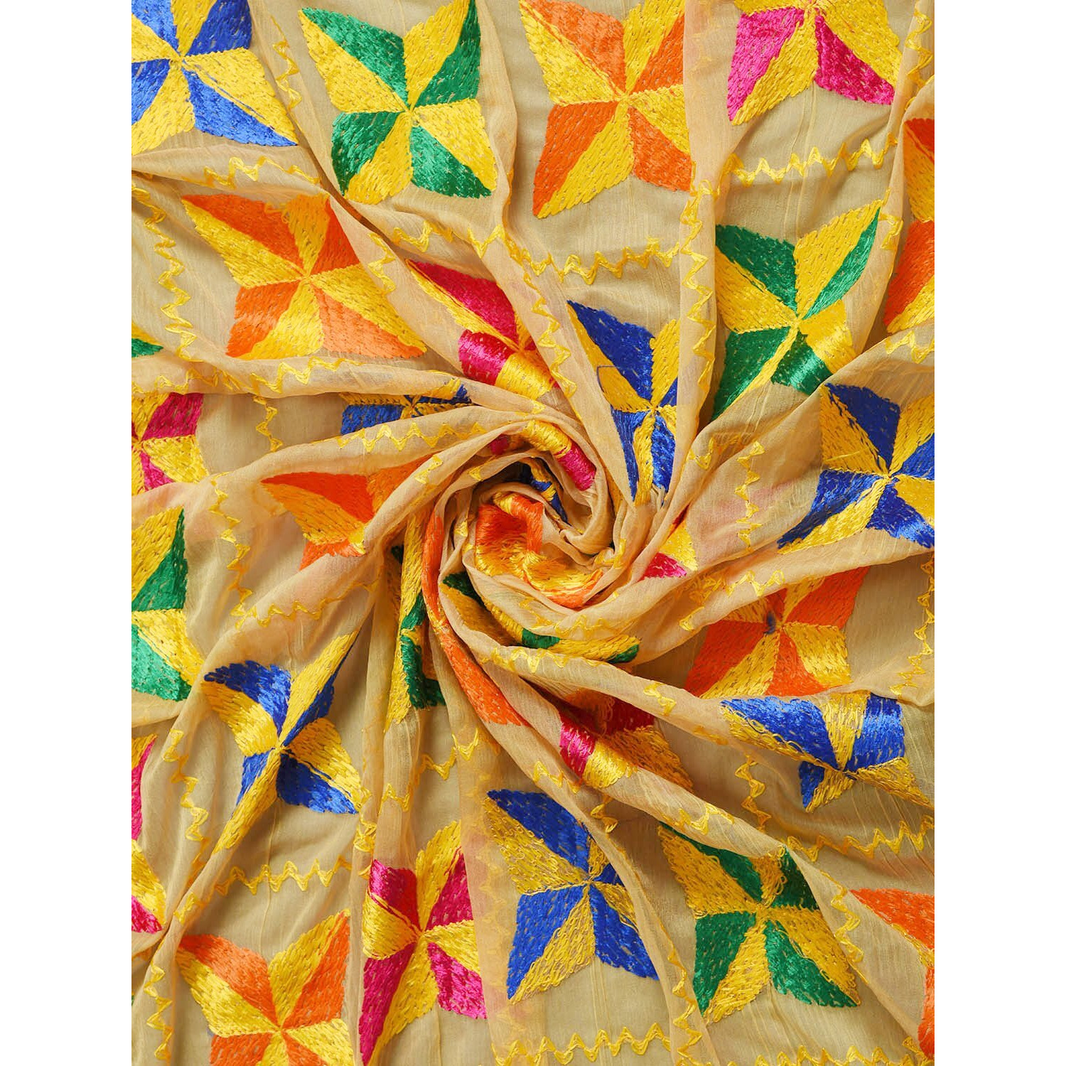 Weavers Villa Punjabi Hand Embroidery Phulkari Faux Chiffon Beige Dupatta, Stoles, 2.25 Mtrs