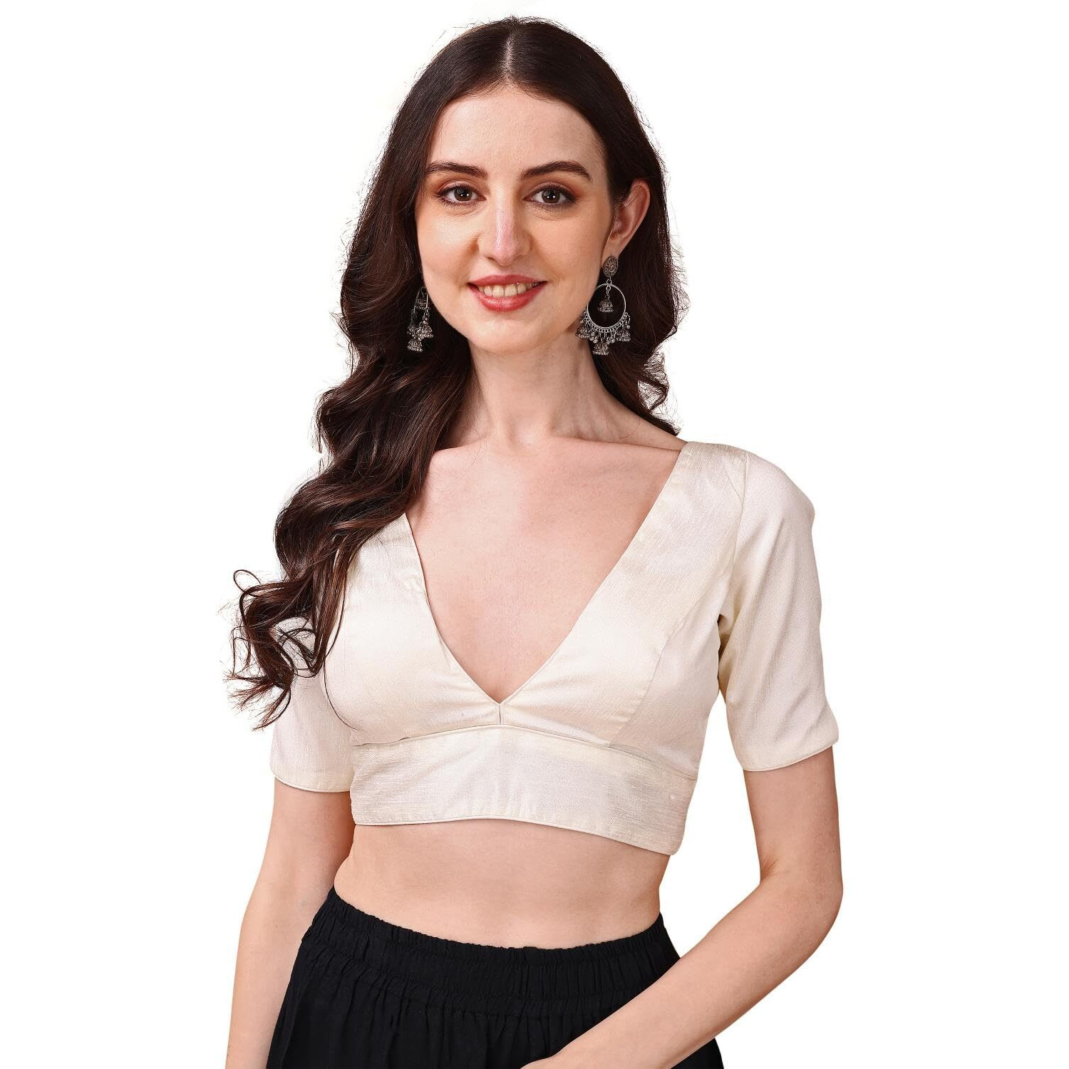 Womanista Women's Dupion Silk Solid Short Sleeve Regular Fit V Neck Blouse (Bl_66_White M)