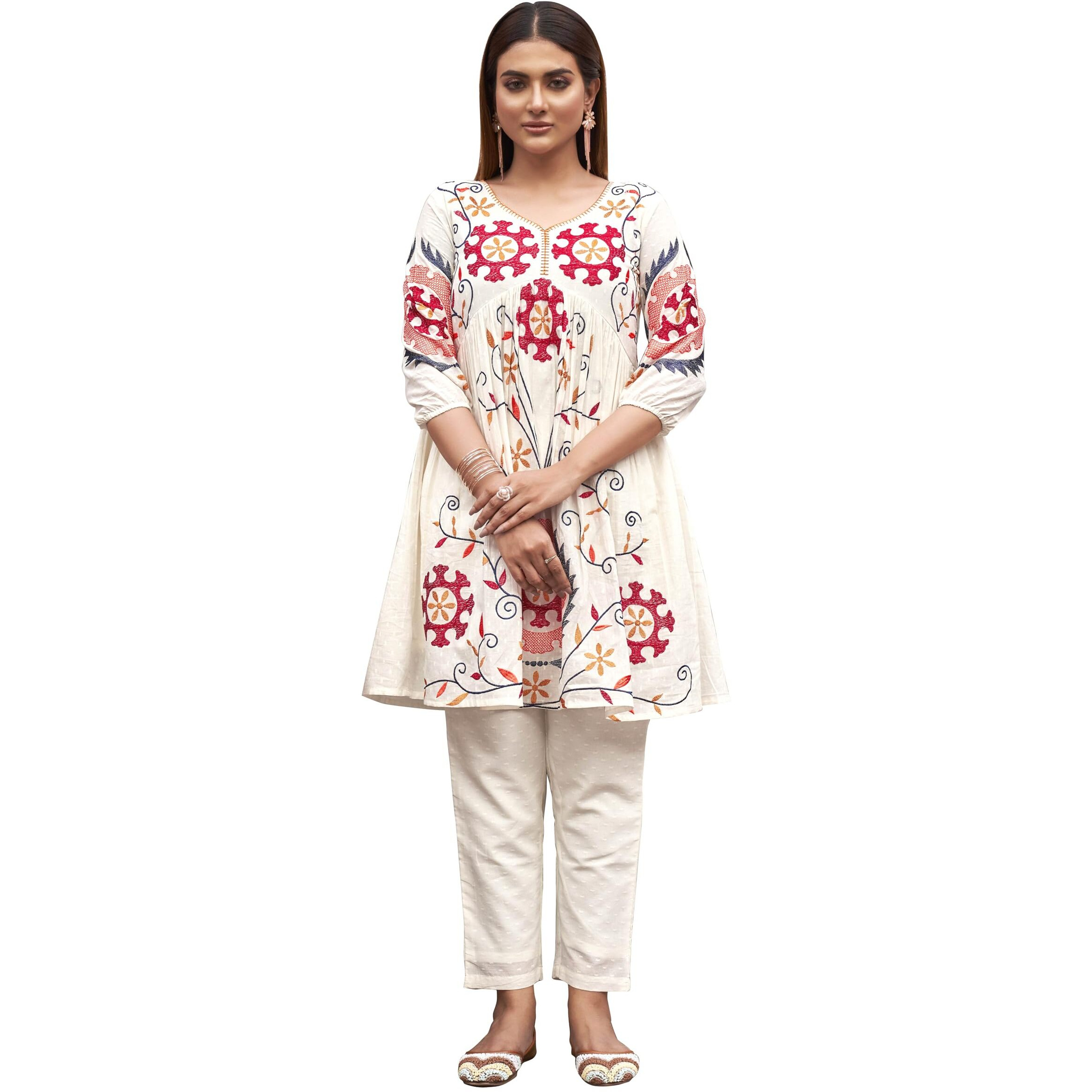 Womanista Women's Pure Cotton Solid Regular Embroidered Co-Ord Set 9146_White