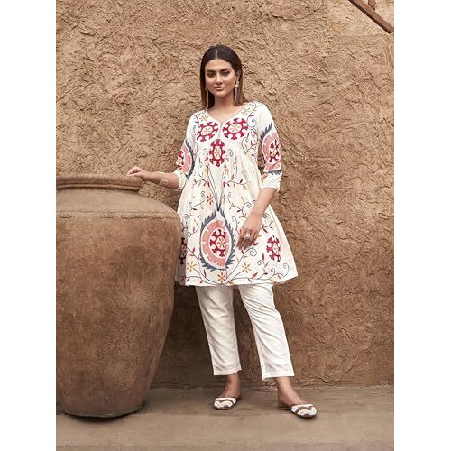 Womanista Women's Pure Cotton Solid Regular Embroidered Co-Ord Set 9146_White