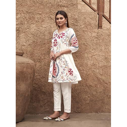 Womanista Women's Pure Cotton Solid Regular Embroidered Co-Ord Set 9146_White
