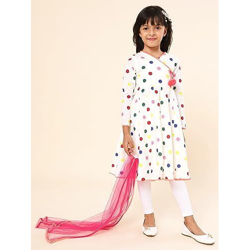 A.T.U.N. (All Things Uber Nice) Girls Printed Angrakha Pure Cotton Kurta With Leggings & Dupatta