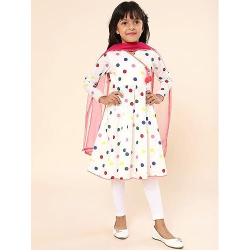 A.T.U.N. (All Things Uber Nice) Girls Printed Angrakha Pure Cotton Kurta With Leggings & Dupatta