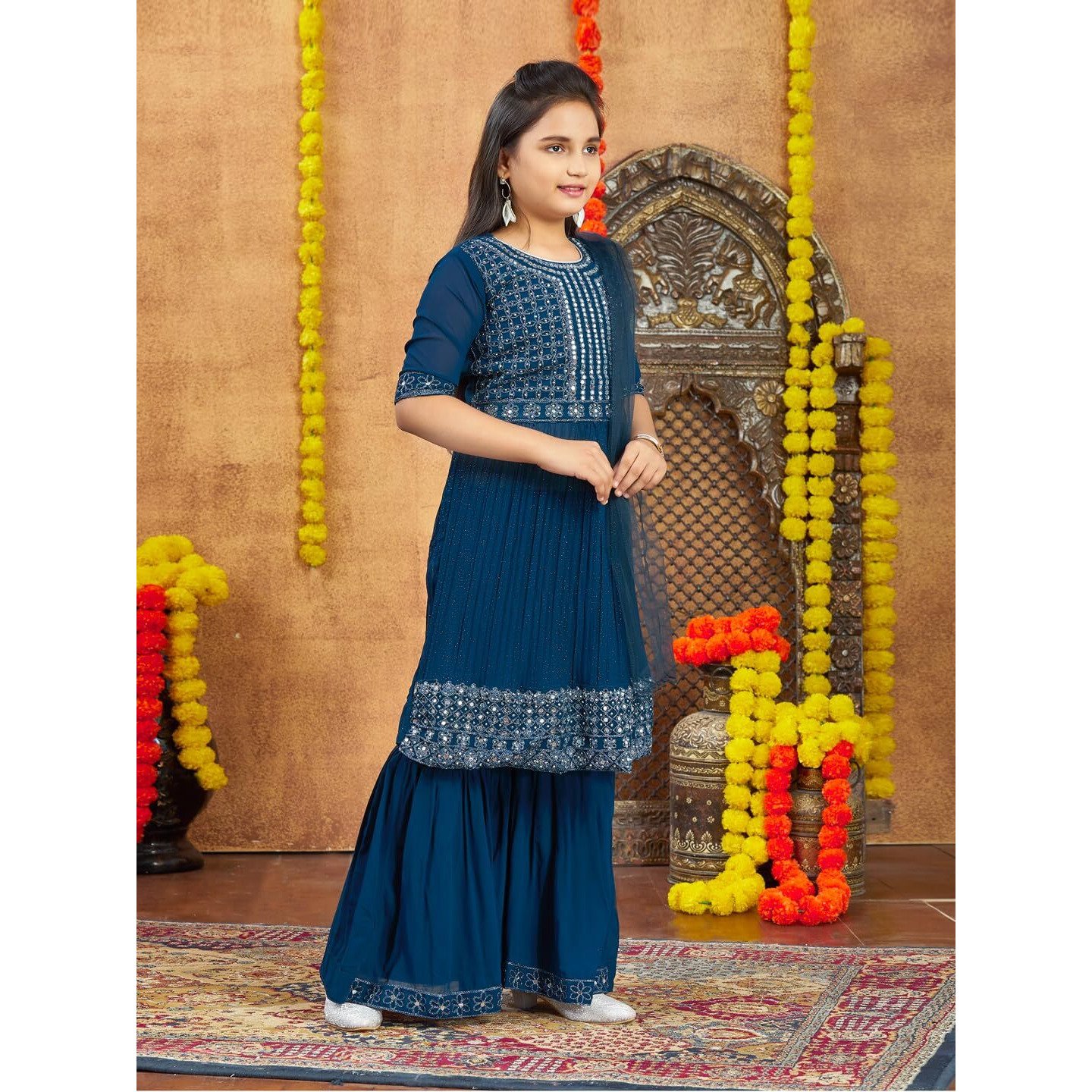 Aarika Girls Ethnic Wea Teal Blue Colour Mirror Embroidery Georgette Kurti Sharara Set (5-16 Years)