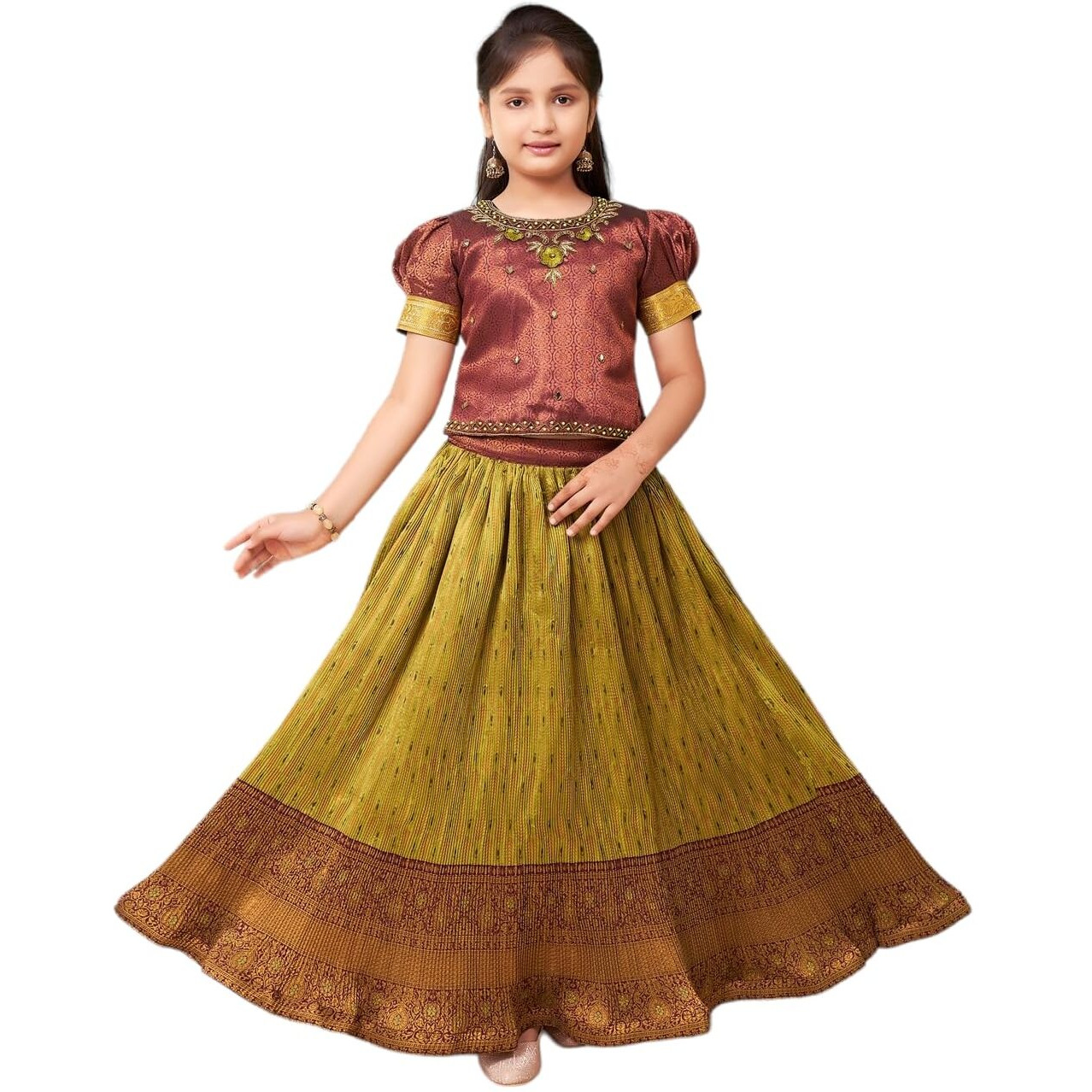 Aarika Girls Ethnic Wear Maroon Colour Hand Embroidery Lace Work Brocade Lehenga Choli Set (5-11 Years)