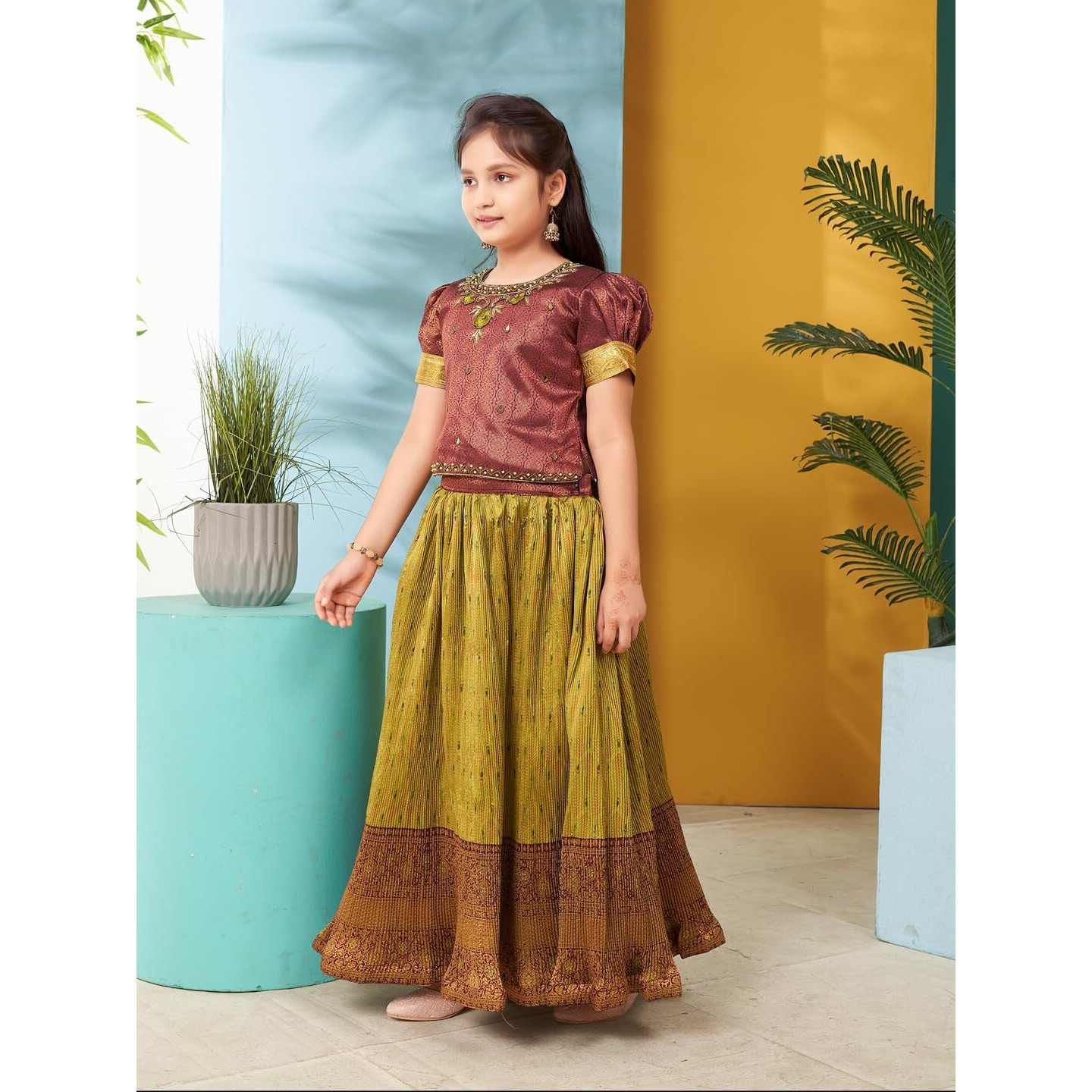Aarika Girls Ethnic Wear Maroon Colour Hand Embroidery Lace Work Brocade Lehenga Choli Set (5-11 Years)