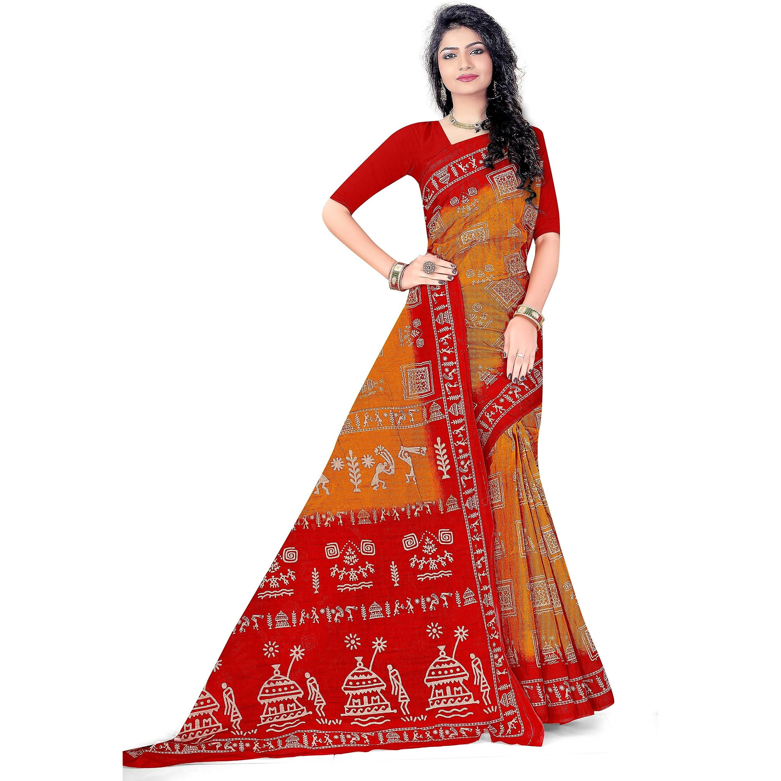 Tamaira Fashion Women's Warli Print Pure Cotton Saree Without Blouse Piece(2467_Mustard)