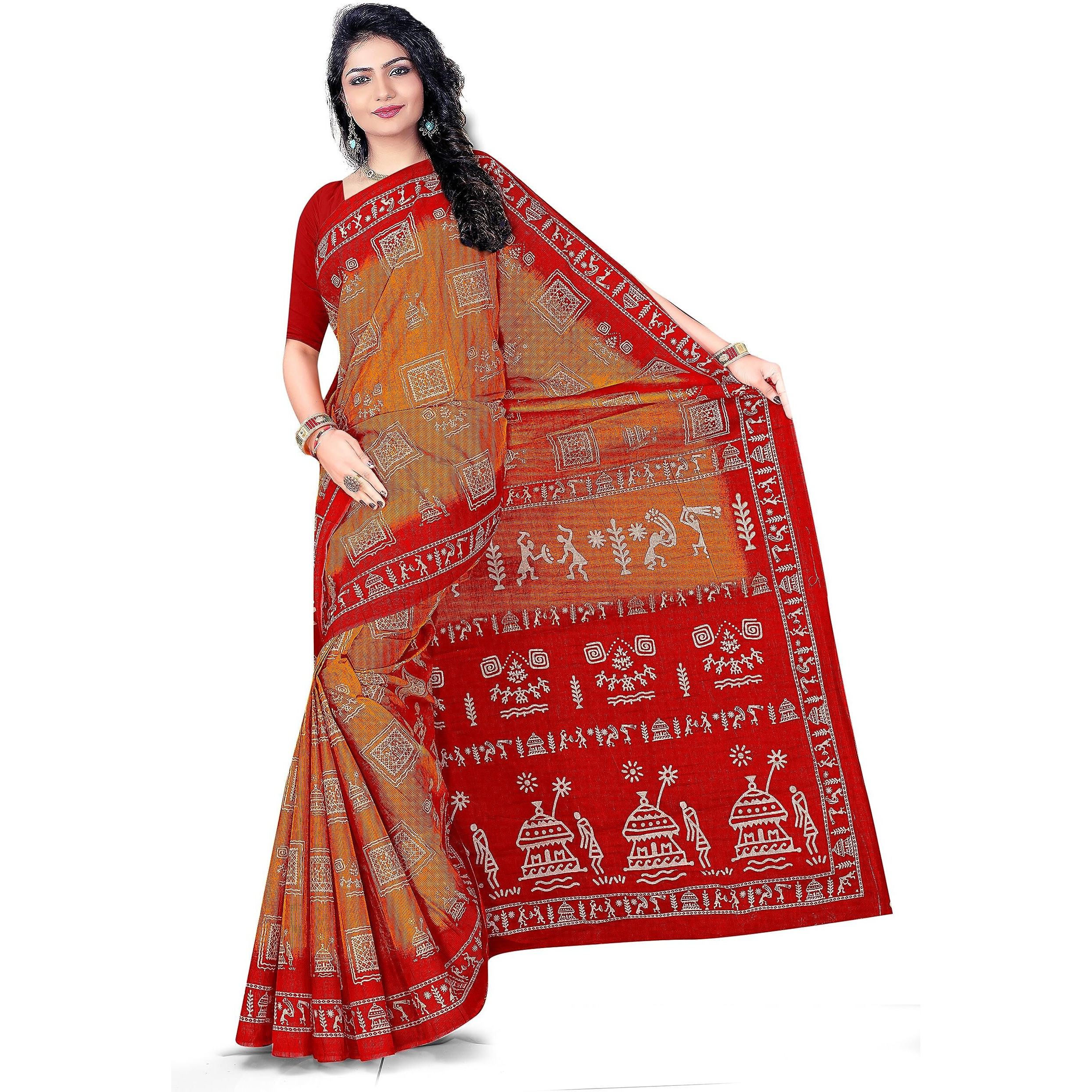 Tamaira Fashion Women's Warli Print Pure Cotton Saree Without Blouse Piece(2467_Mustard)