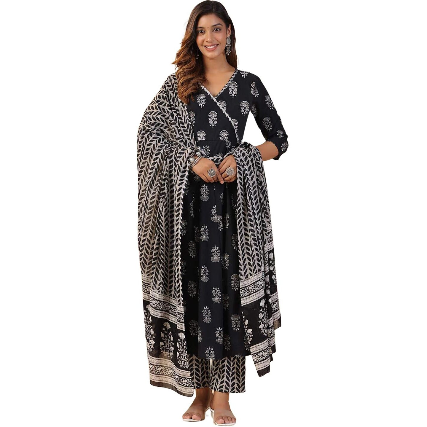 Tee Projekt Women's Cotton Blend V-Neck Anarkali Kurta Pant With Dupatta Set Black