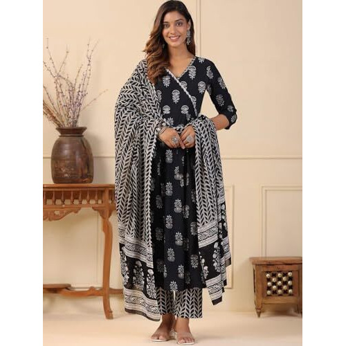 Tee Projekt Women's Cotton Blend V-Neck Anarkali Kurta Pant With Dupatta Set Black