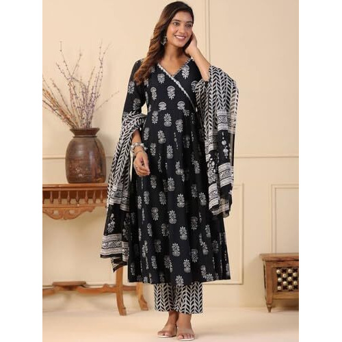 Tee Projekt Women's Cotton Blend V-Neck Anarkali Kurta Pant With Dupatta Set Black