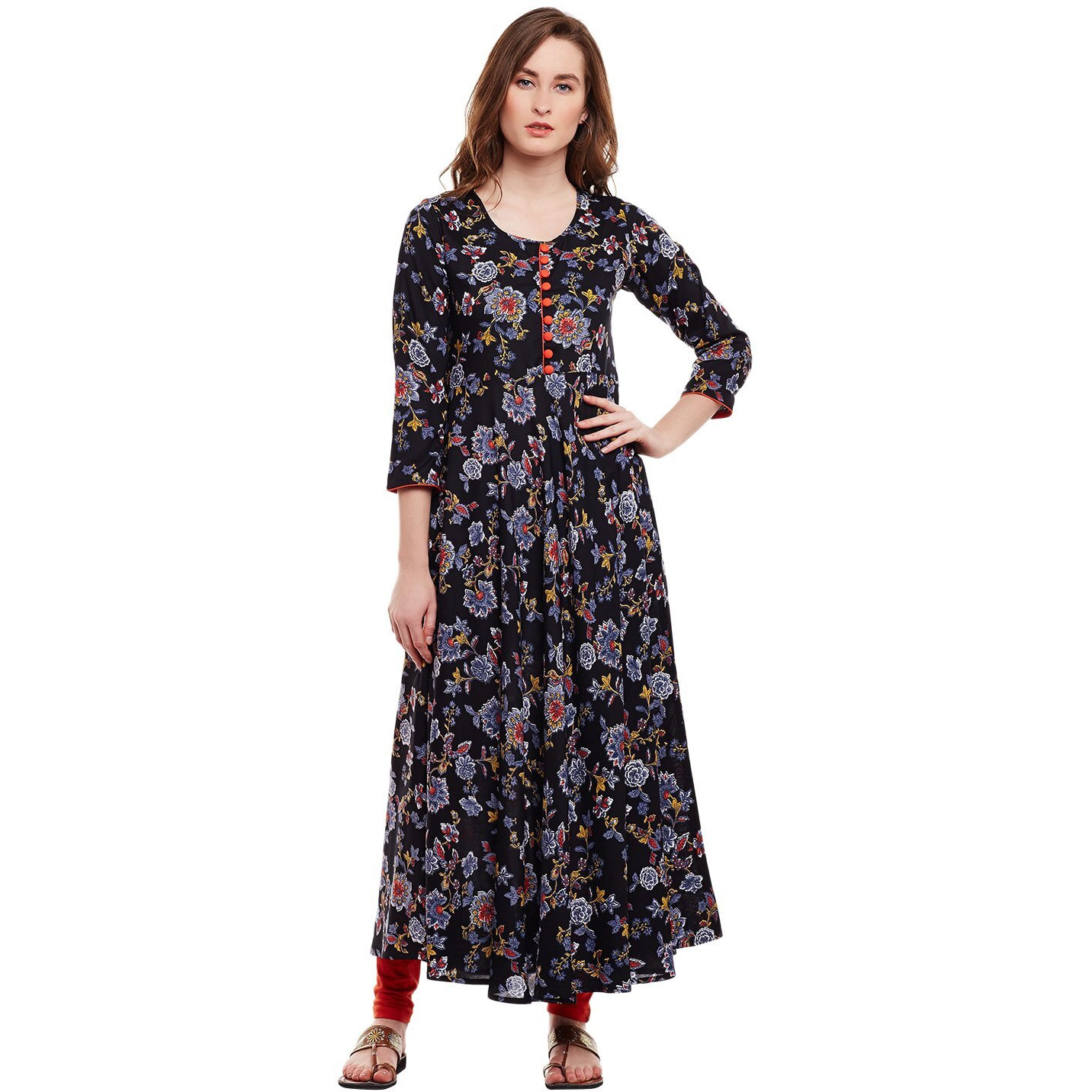 Viscose Floral Printed Flared Kurta With Buttons Multicolour 4Xl