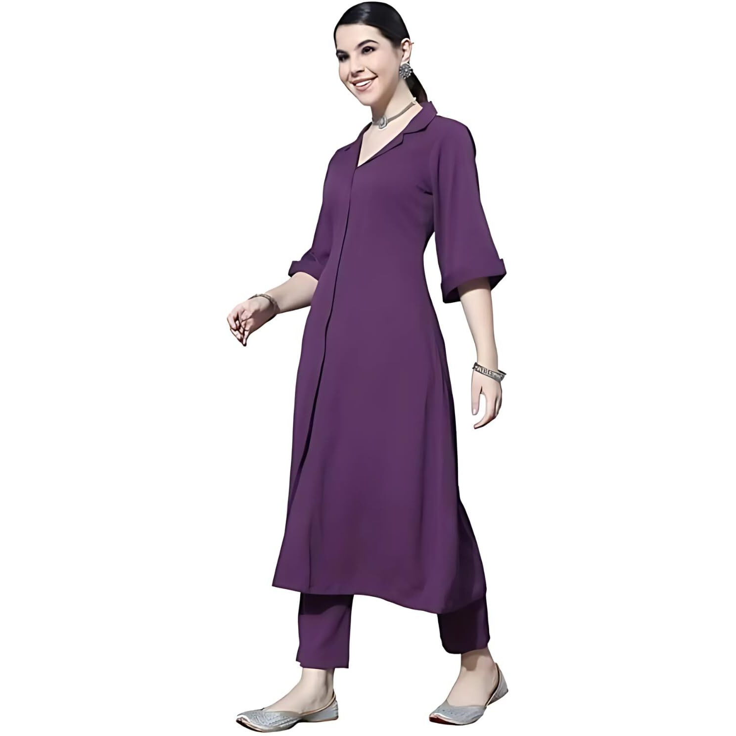 Varanga Women Mauve Shirt Collar Neck A-Line Kurta With Three-Quarter Roll-Up Sleeves, Front Slit, Paired With Tonal Bottom
