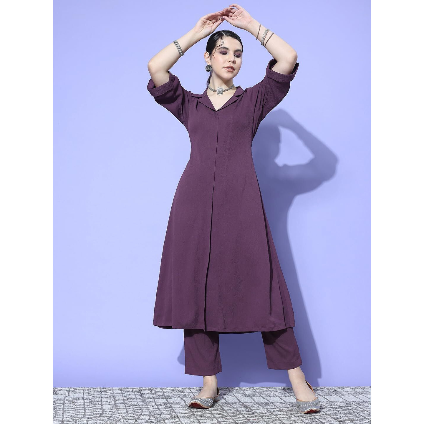 Varanga Women Mauve Shirt Collar Neck A-Line Kurta With Three-Quarter Roll-Up Sleeves, Front Slit, Paired With Tonal Bottom